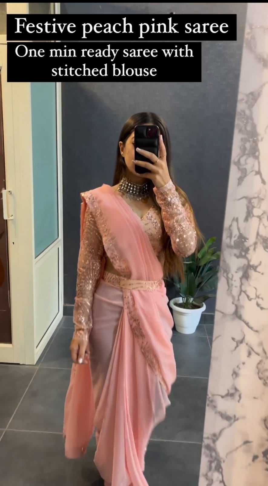 Festive Peach Pink Embroidery Sequins Work Saree