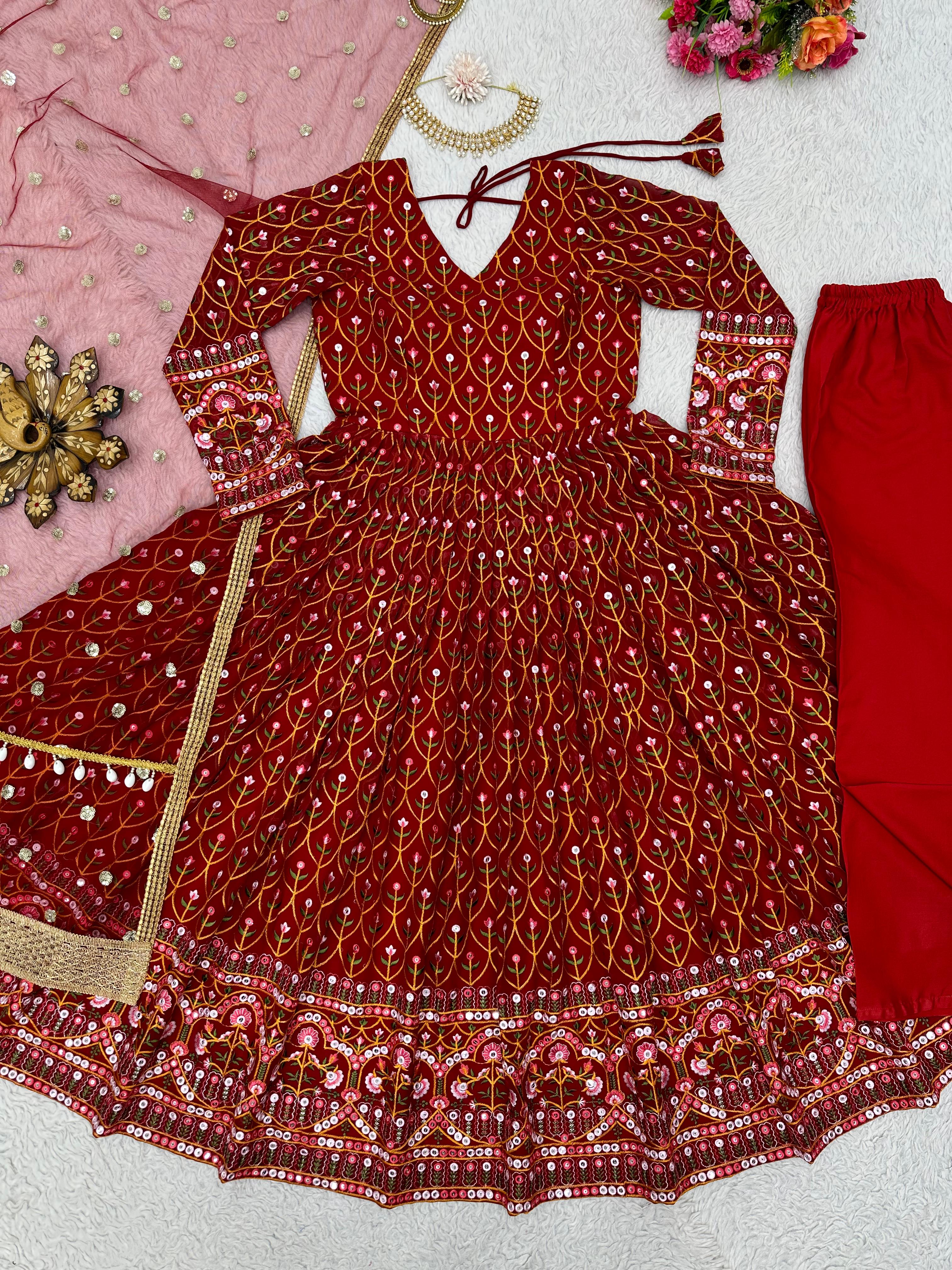 Outstanding Red Color Sequence With Dori Latkan Anarkali Gown