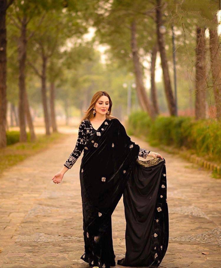 Outstanding  Black Color Velvet Embroidery Work Saree