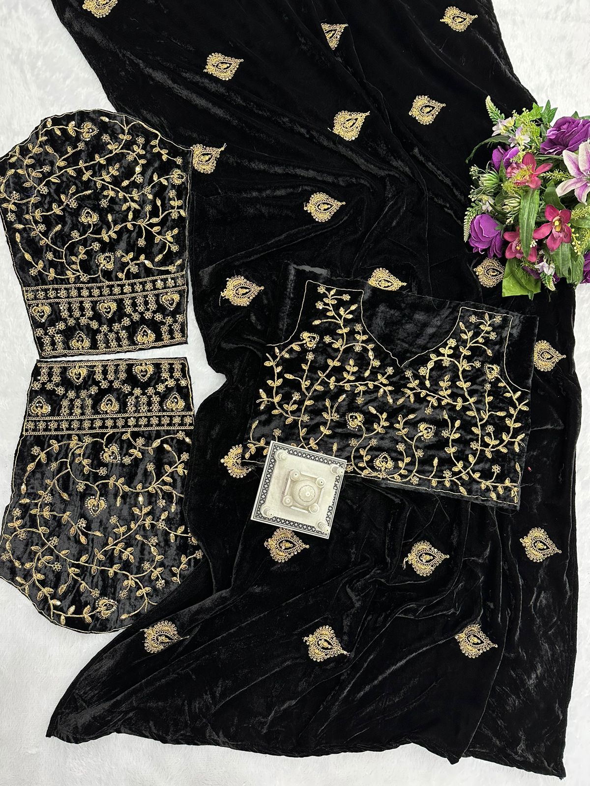 Outstanding  Black Color Velvet Embroidery Work Saree