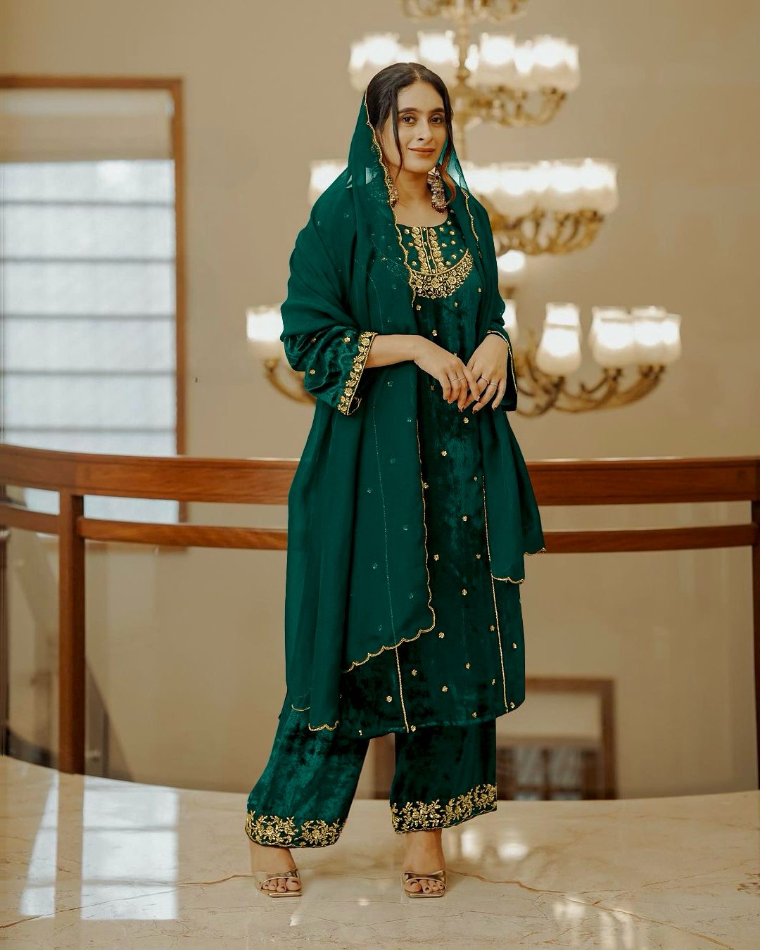 Outstanding Green Color Velvet Embroidery Work Anarkali Suit