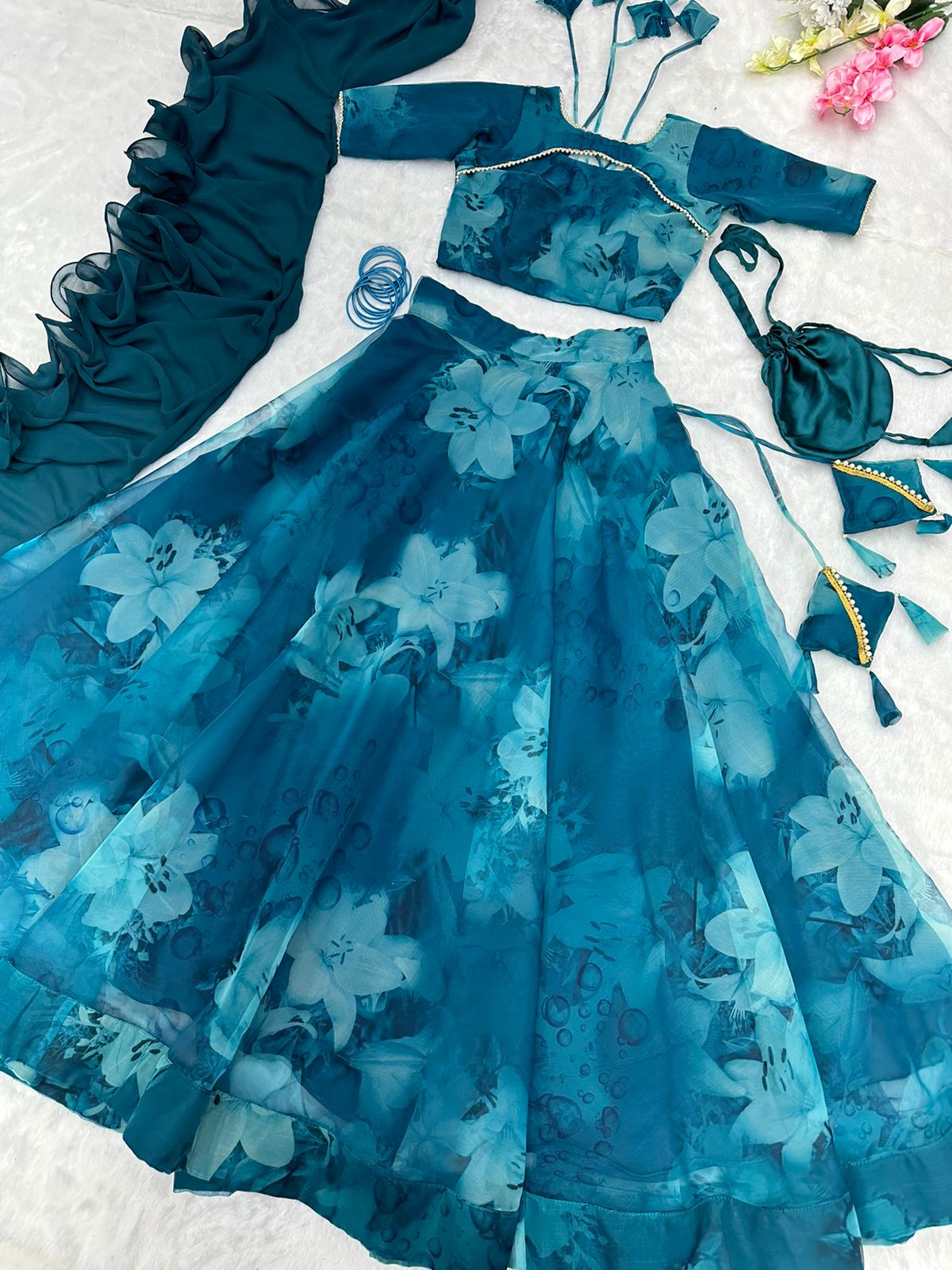 Superhit Teal Blue Printed Organza Silk Lehenga Choli