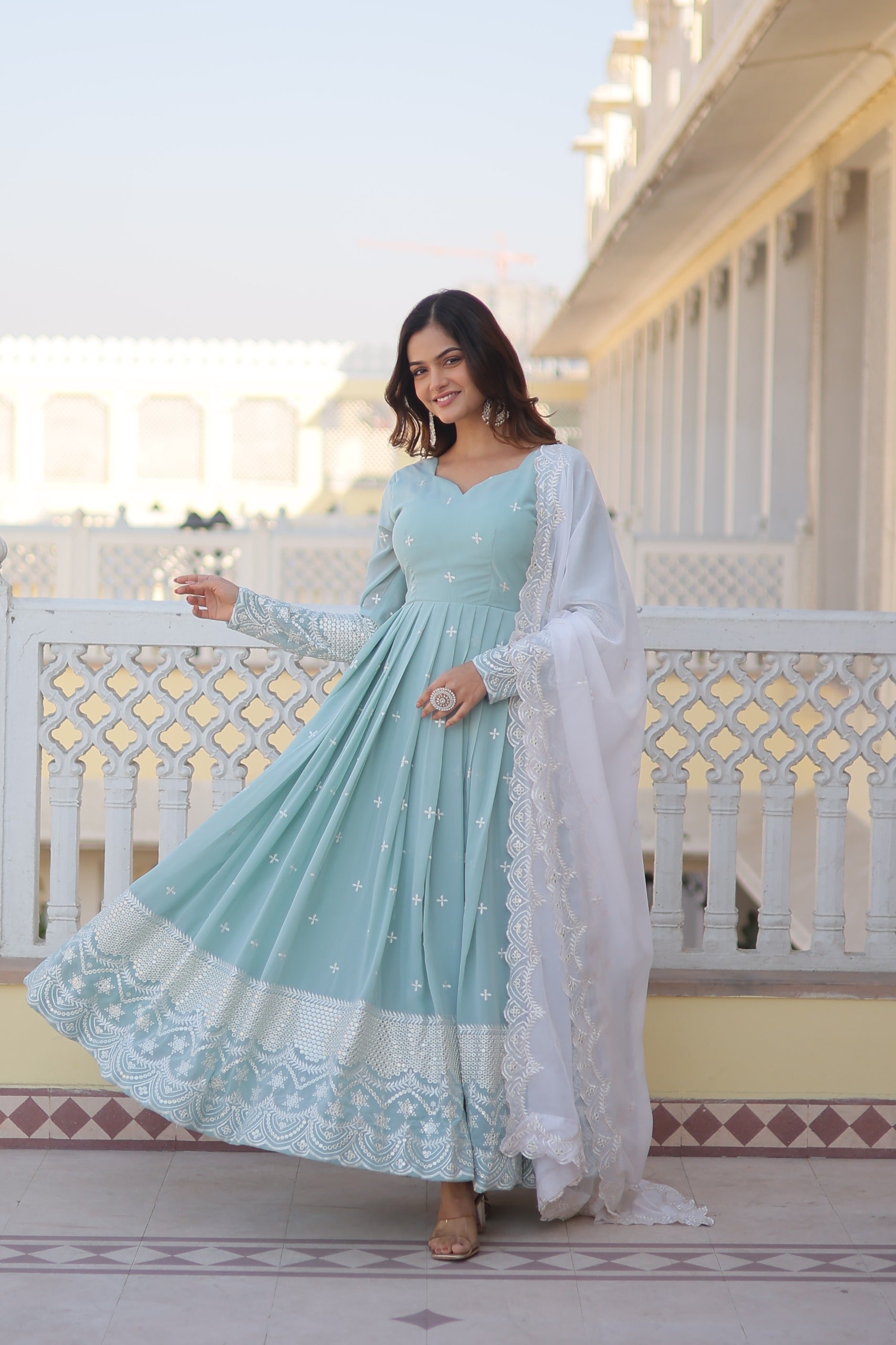 Glimmering Sky Blue Color Thread Sequins Work Anarkali Suit vastracloth