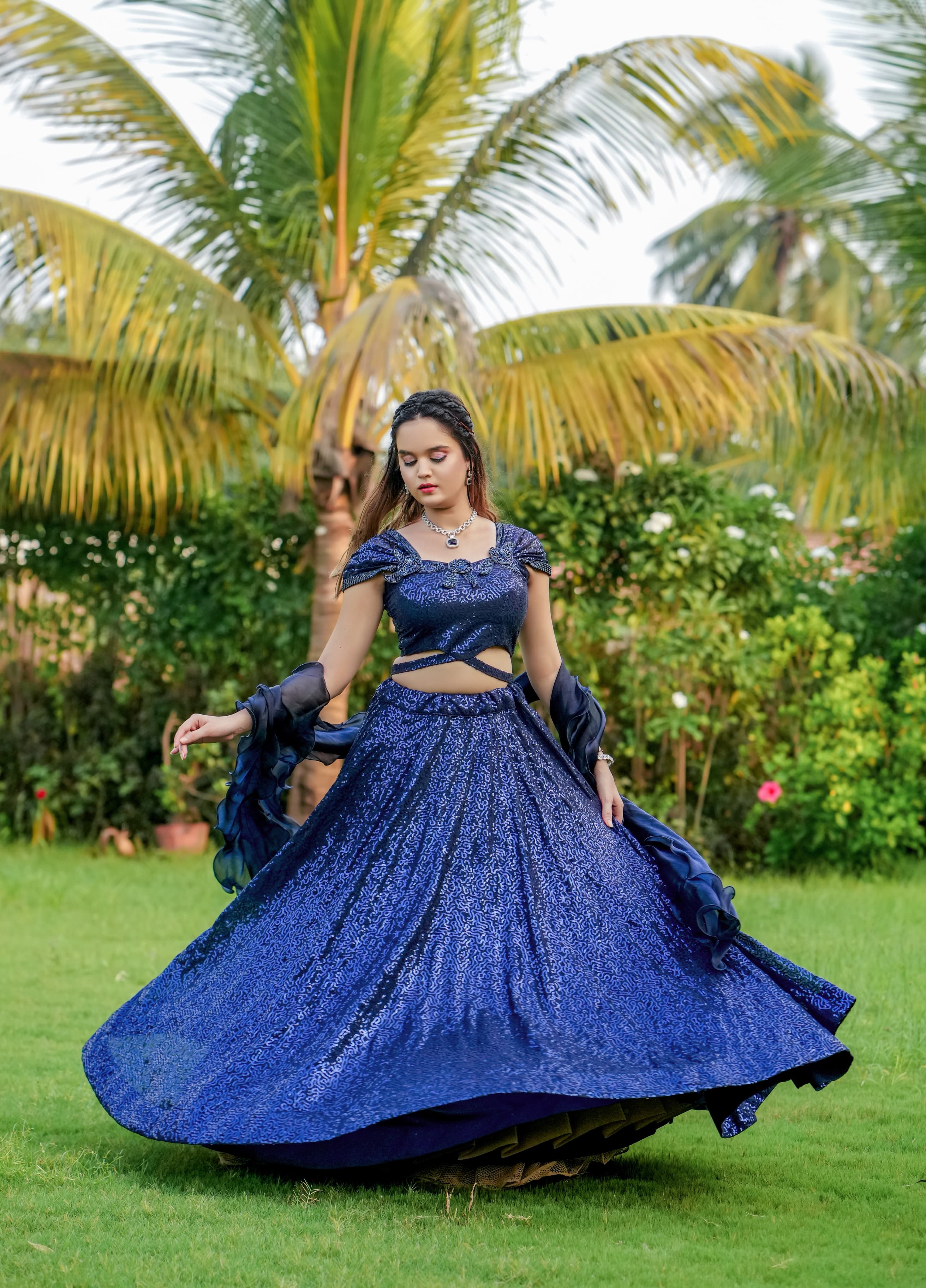 Buy Navy Blue Threadwork Georgette Readymade Lehenga - Koskii