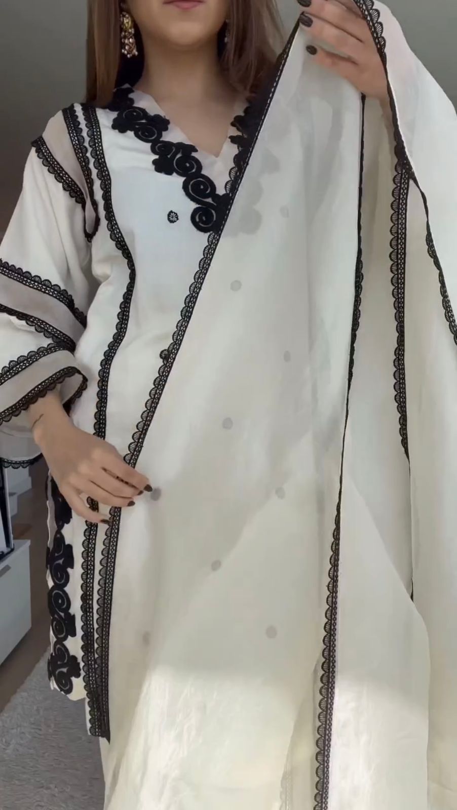 Outstanding  Black And White Color Embroidery Work Sharara Suit