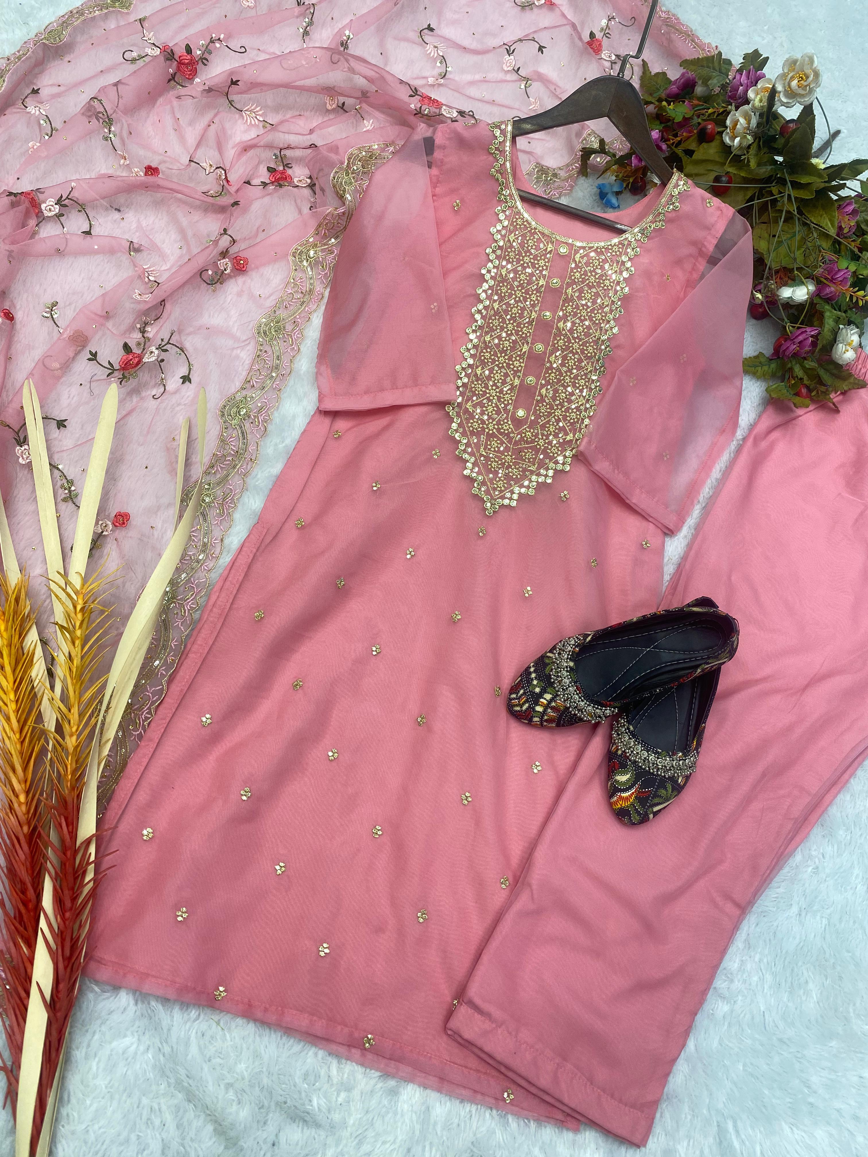 Captivating  Peach Color Sequence Embroidery Work Suit