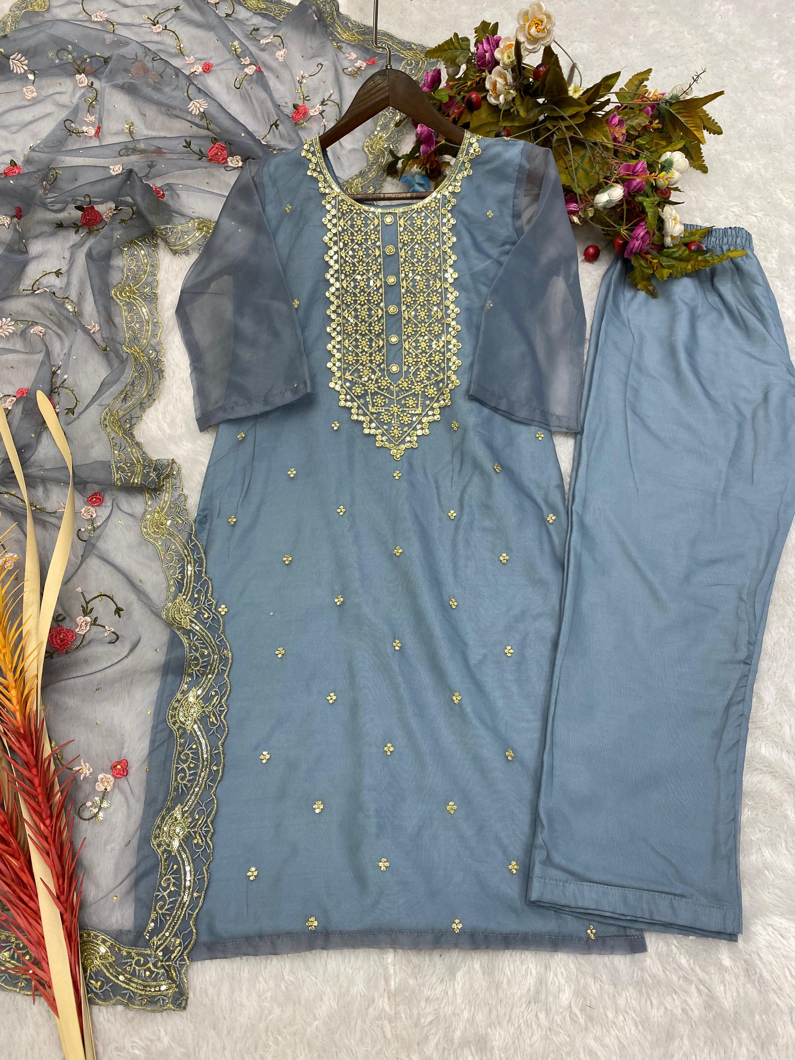 Captivating  Grey Color Sequence Embroidery Work Suit