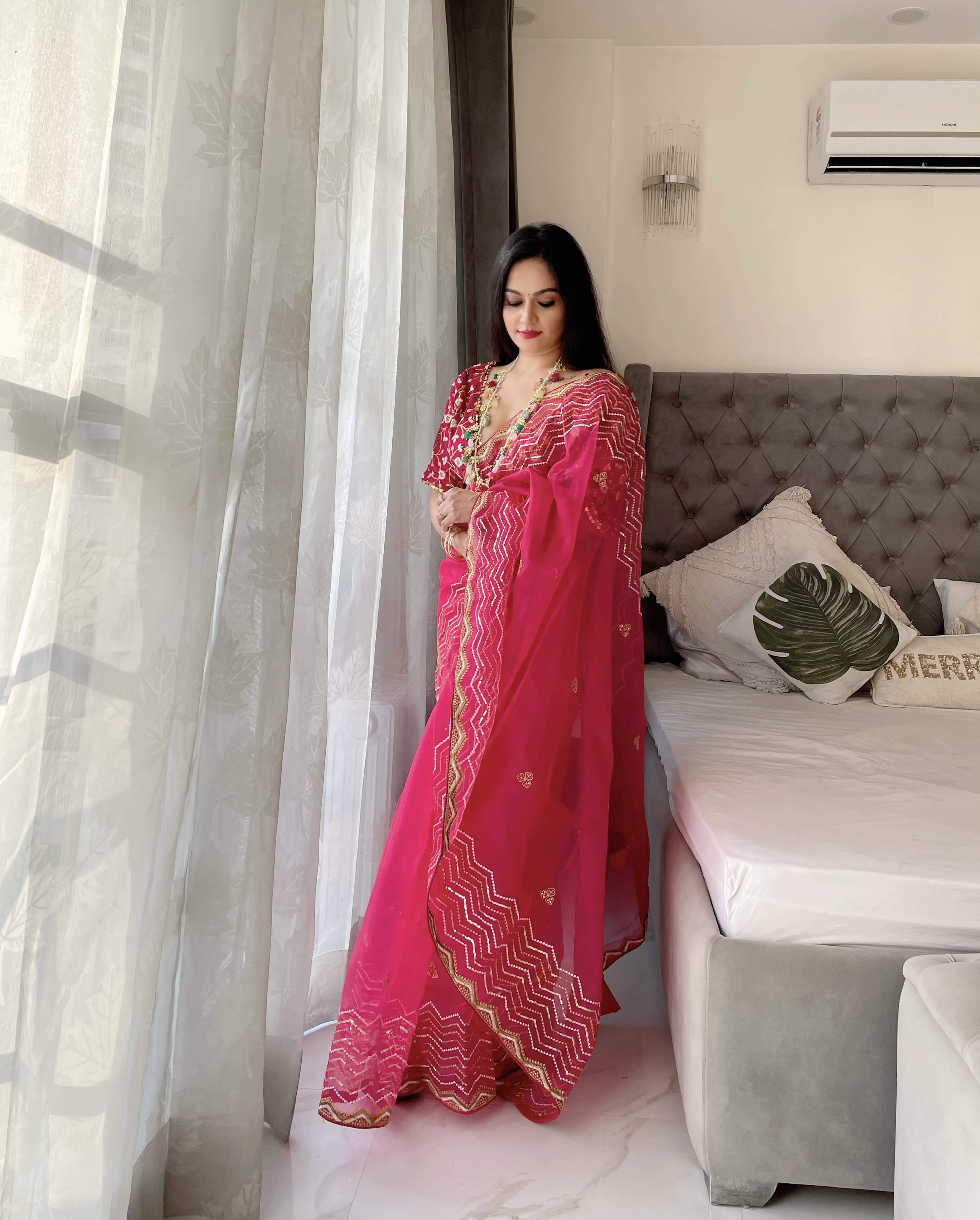 Luxuriant Organza Silk  Embroidery work Pink Color Saree