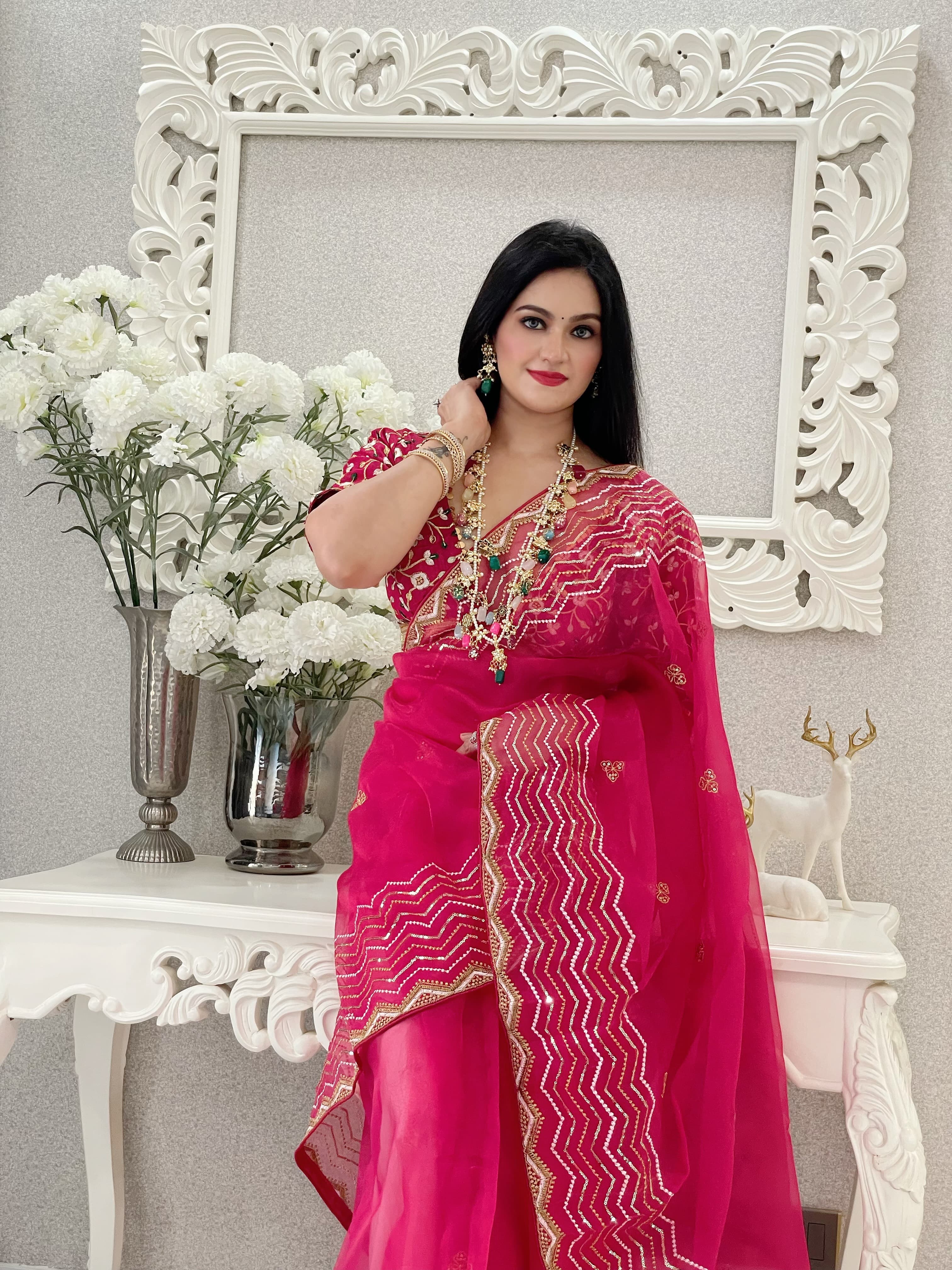 Luxuriant Organza Silk  Embroidery work Pink Color Saree