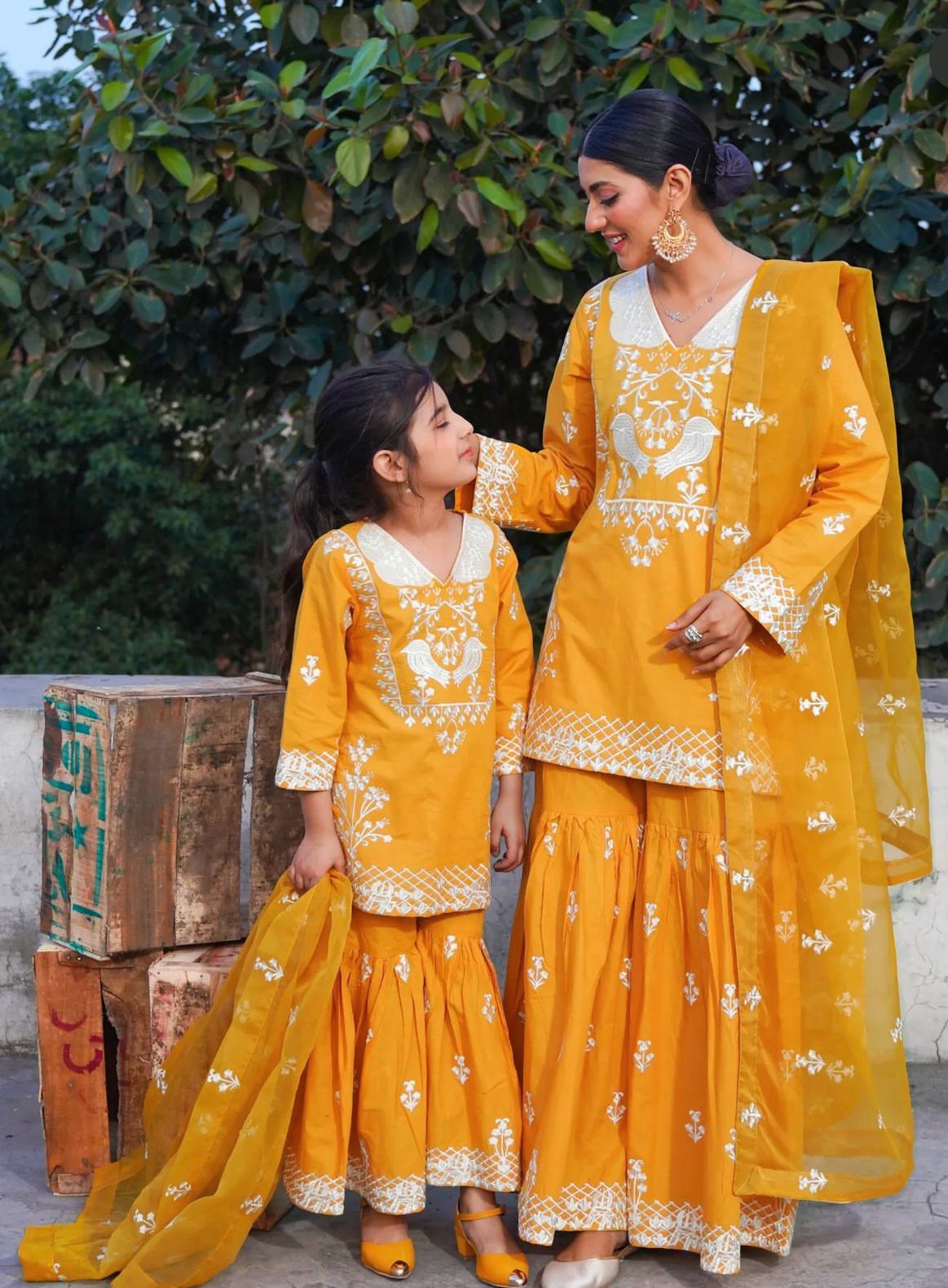 Beautiful Yellow Color Mother Daughter Sharara Suit