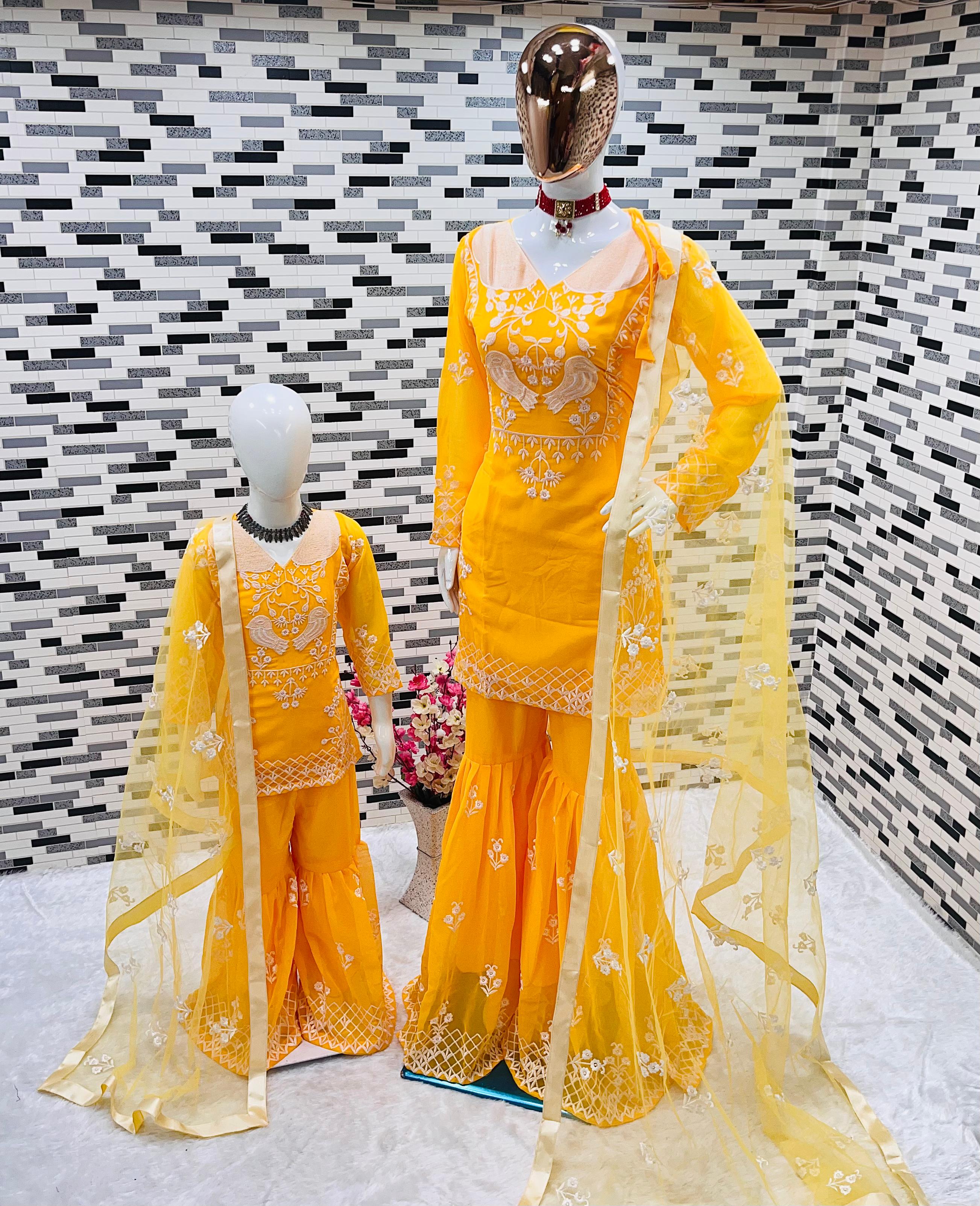 Beautiful Yellow Color Mother Daughter Sharara Suit