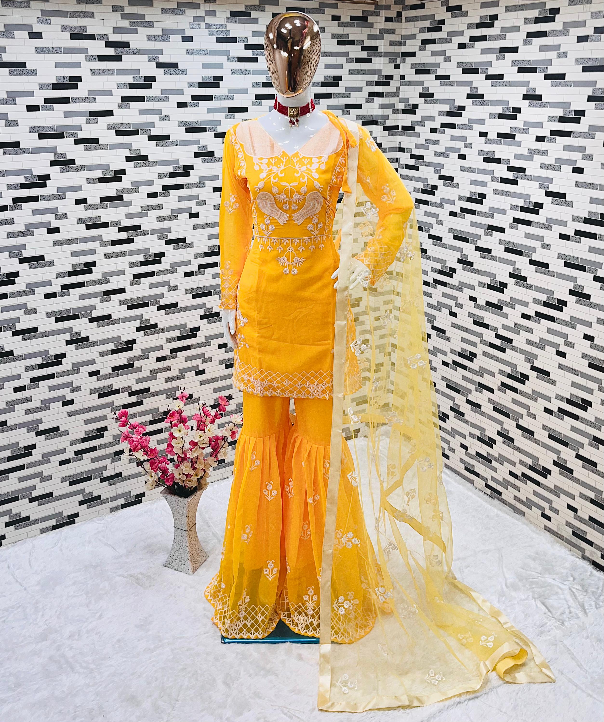 Captivating Yellow Color Embroidery Work Sharara Suit