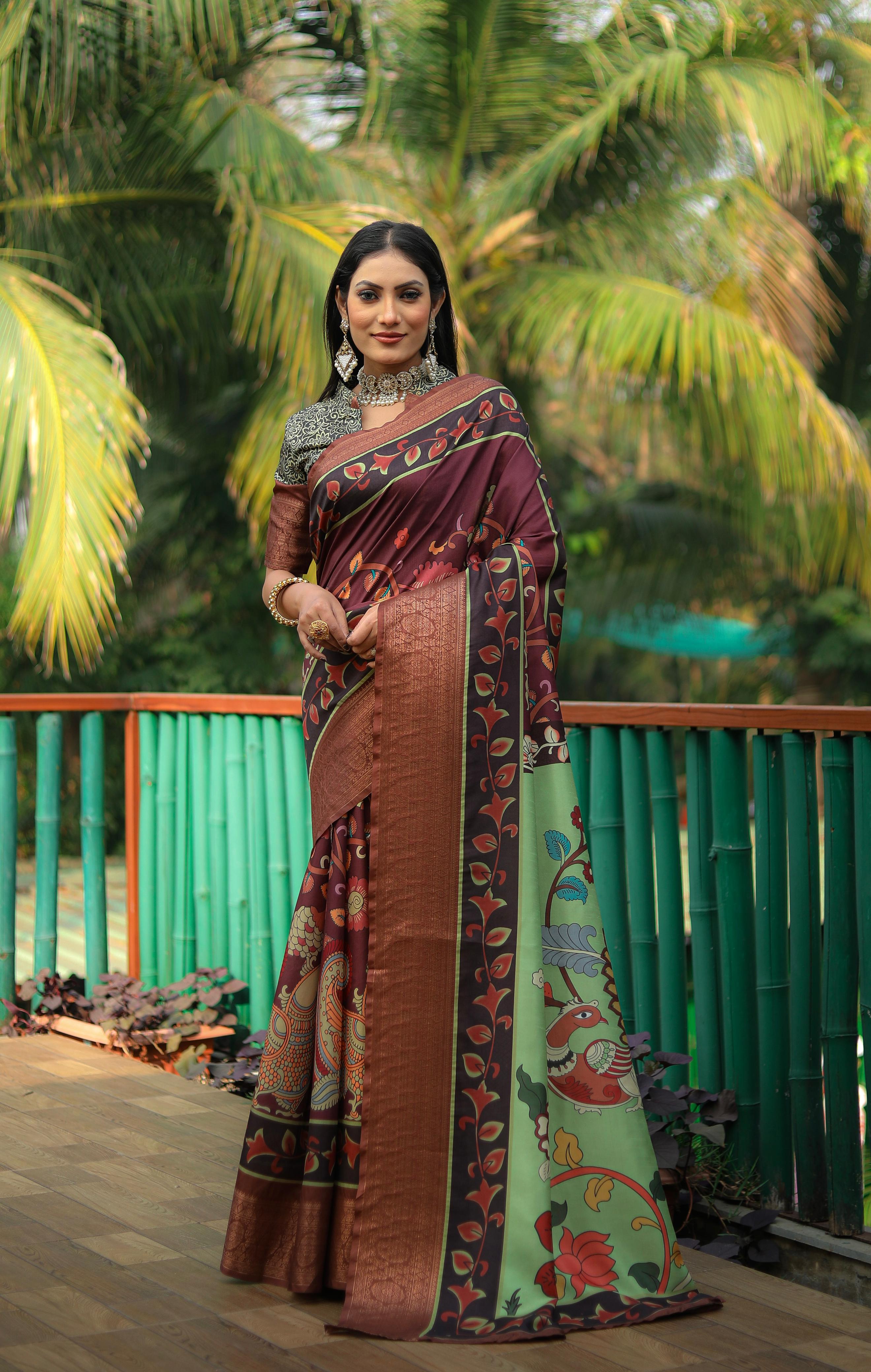 Banaras dupian pattu pen kalamkari digital prints saree | Prints, Pure  products, Digital prints