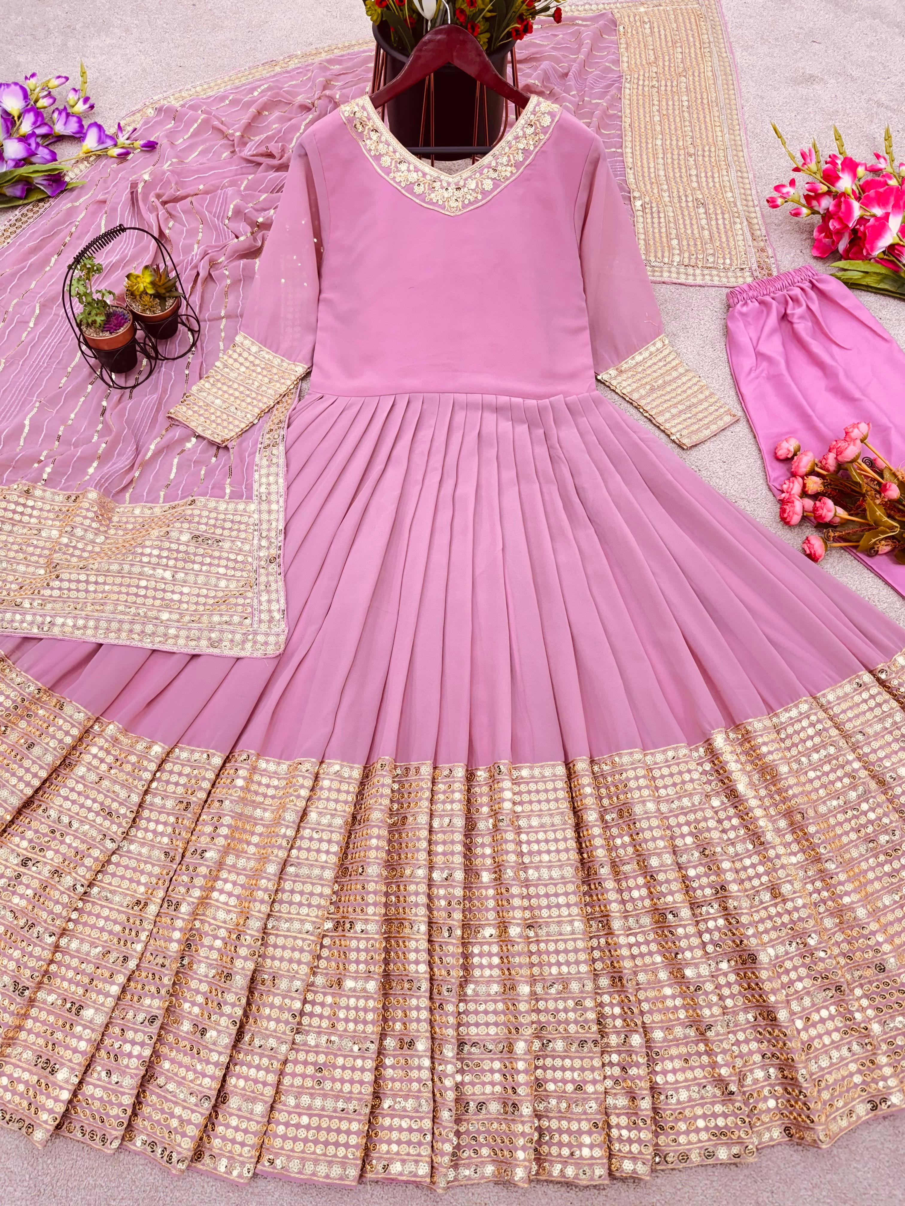 Fantastic Embroidery Sequence Work Pink Color Gown