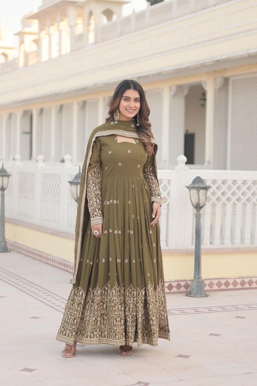 Mehndi Color Faux Georgette with inner Designer Partywear gown – Jillex  Fabric