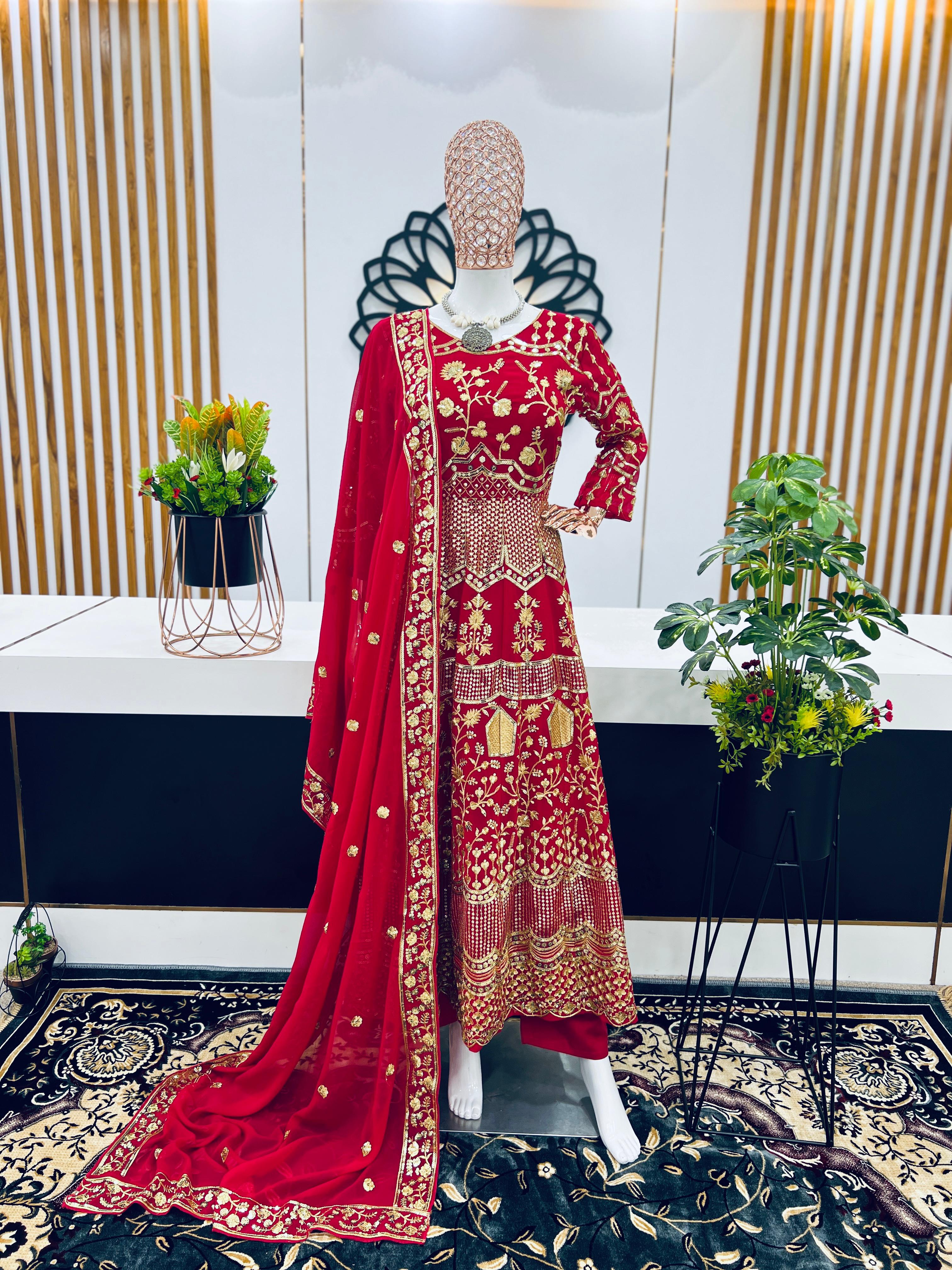 Fabulous Embroidery Sequence Work Red Color Gown