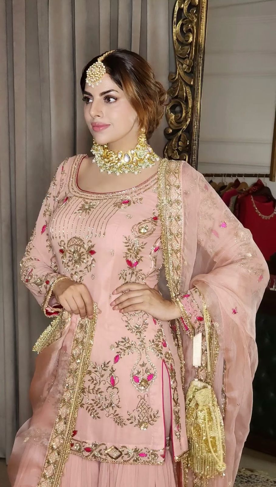 Flattering  Heavy Embroidery Pink Color Sharara Suit