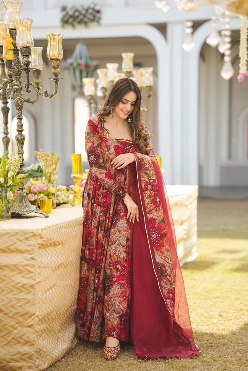 Embellished  Digital printed Red Color Anarkali Suit