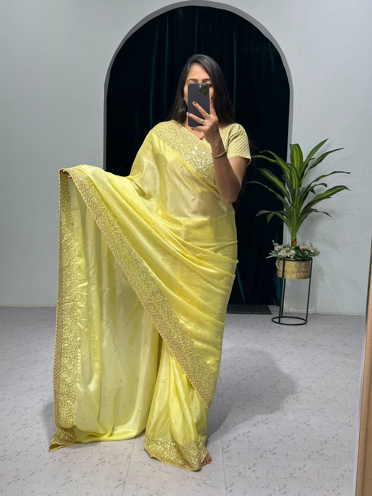 Attractive Yellow Color Sequences Embroidery Work Saree