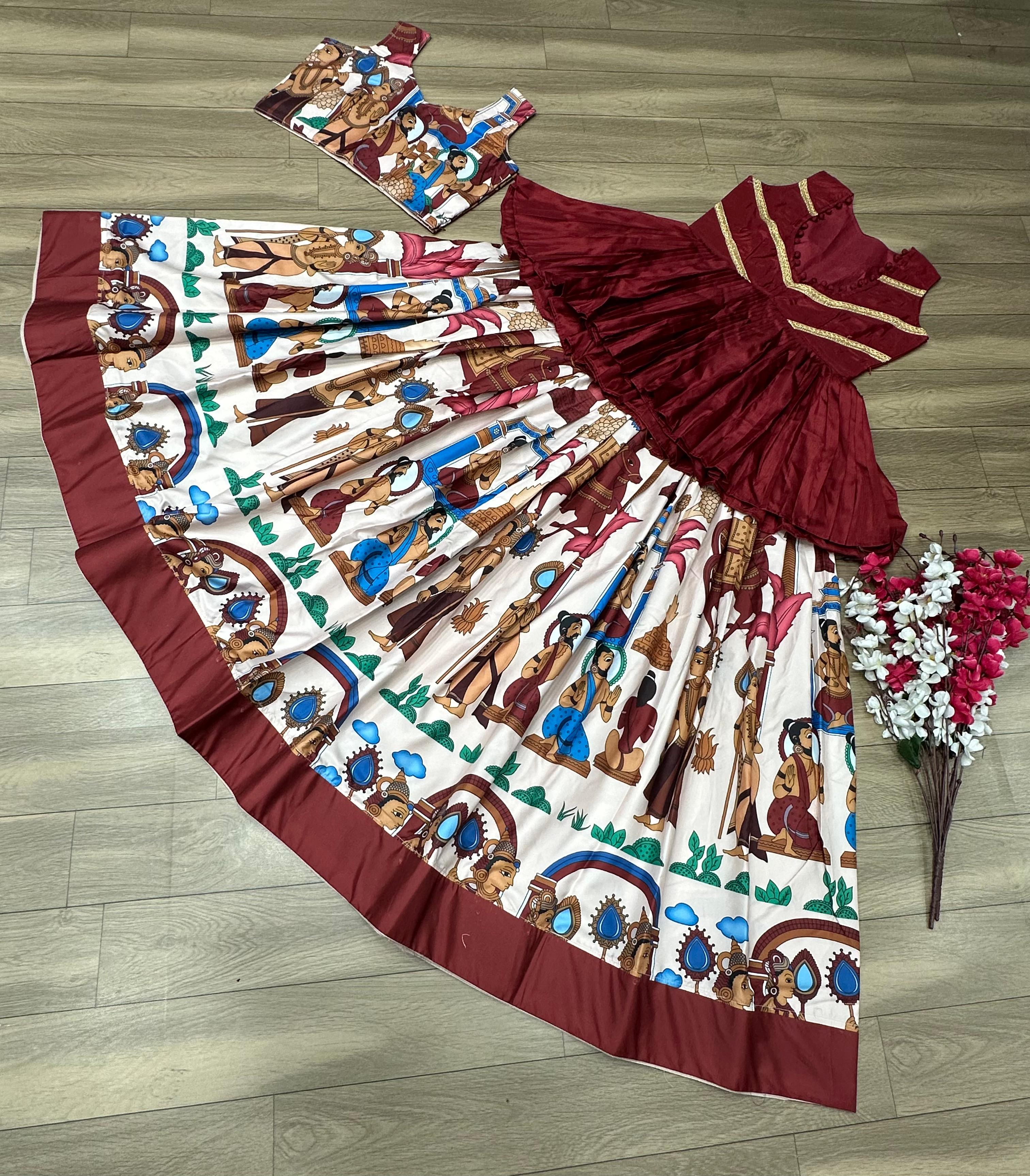 Fantastic Kalamkari Print Red Color Top With Lehenga Choli