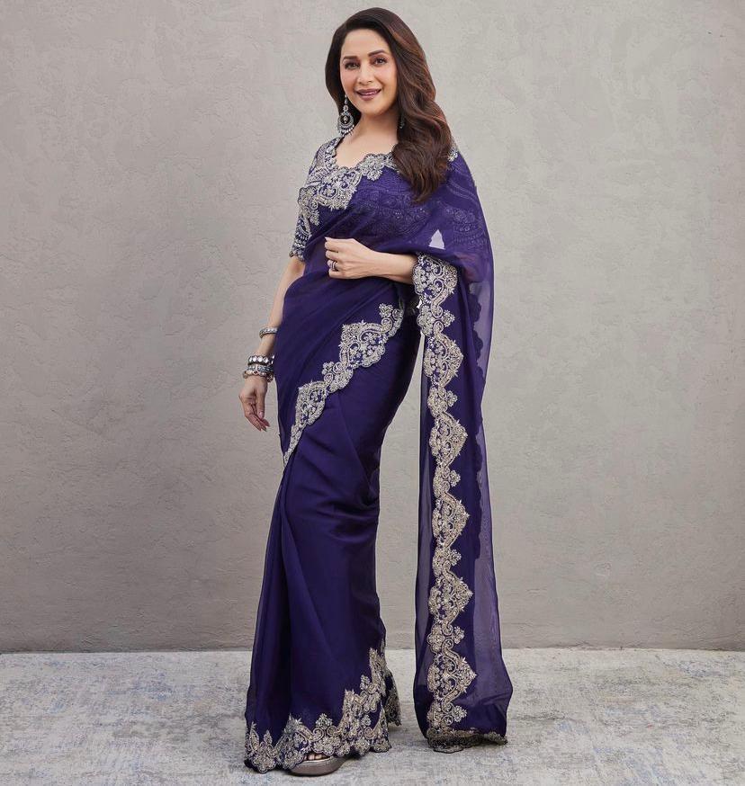 Madhuri Dixit Celebrity Style Blue Color Embroidery Work  Saree