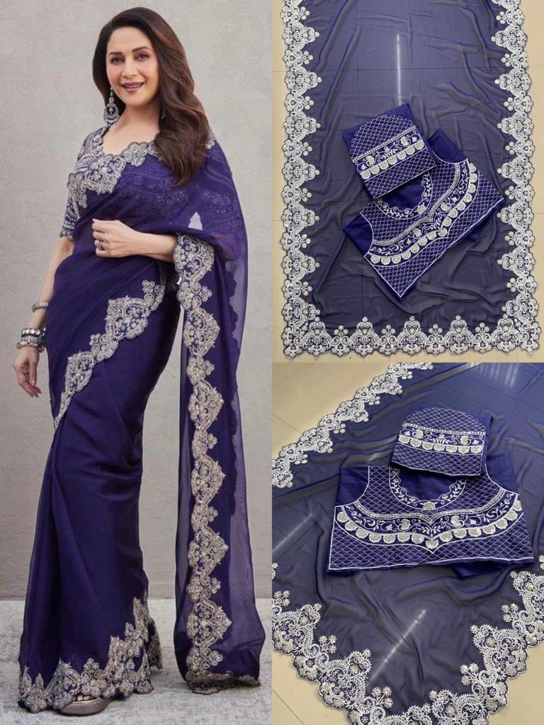 Madhuri Dixit Celebrity Style Blue Color Embroidery Work  Saree