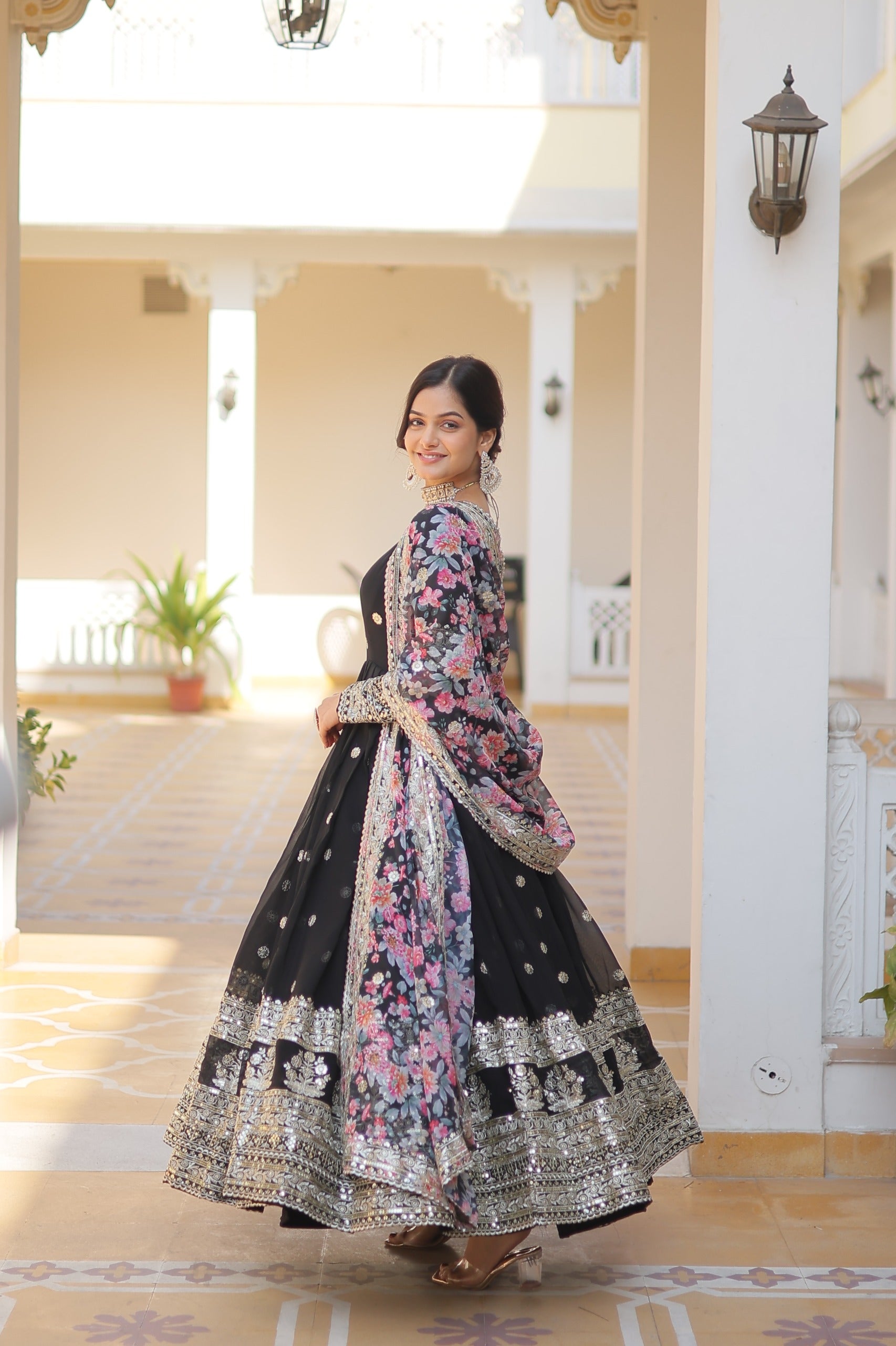 Outstanding  Embroidery Zari Sequins-work Black Color Gown