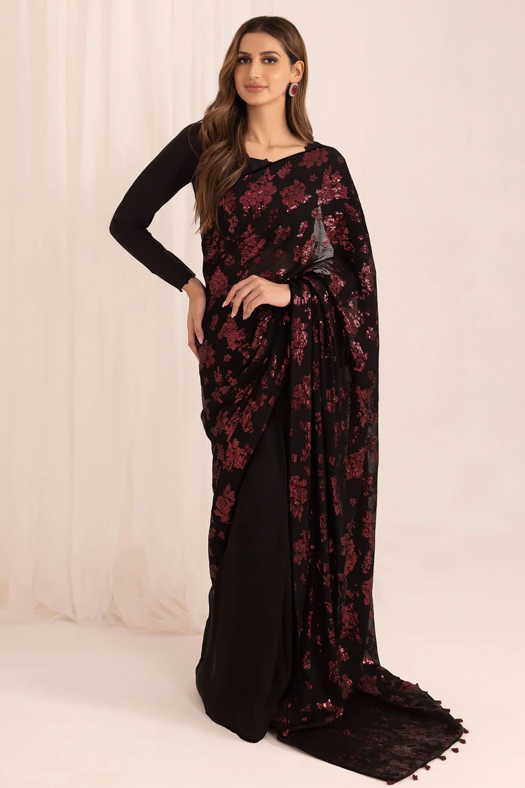 Outstanding  Black Color Sequence Work Saree
