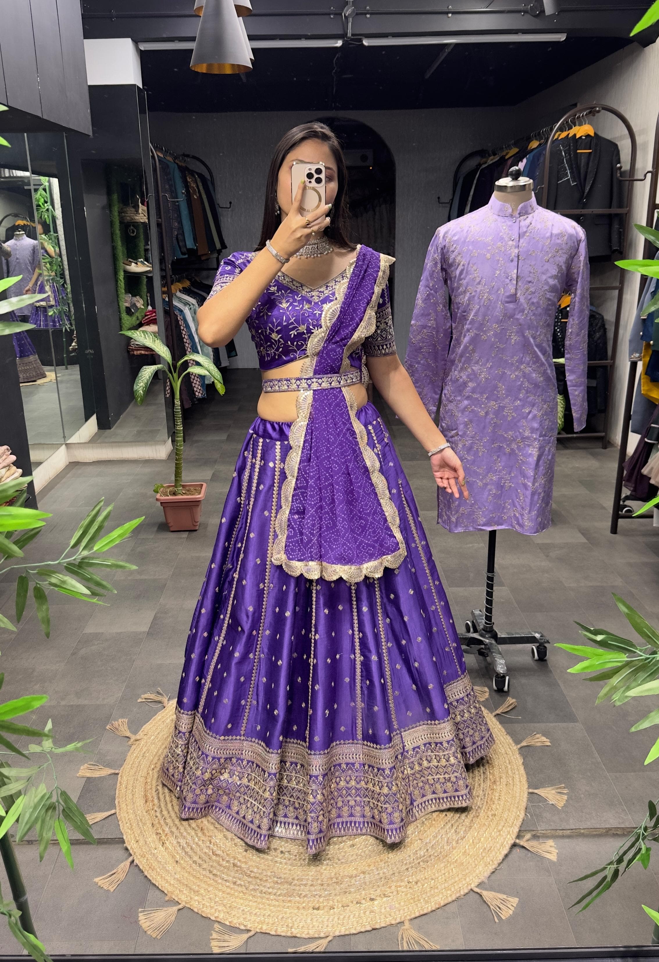 Charming  Embroidery Sequence +Zari  Work Purple Color Couple Combo