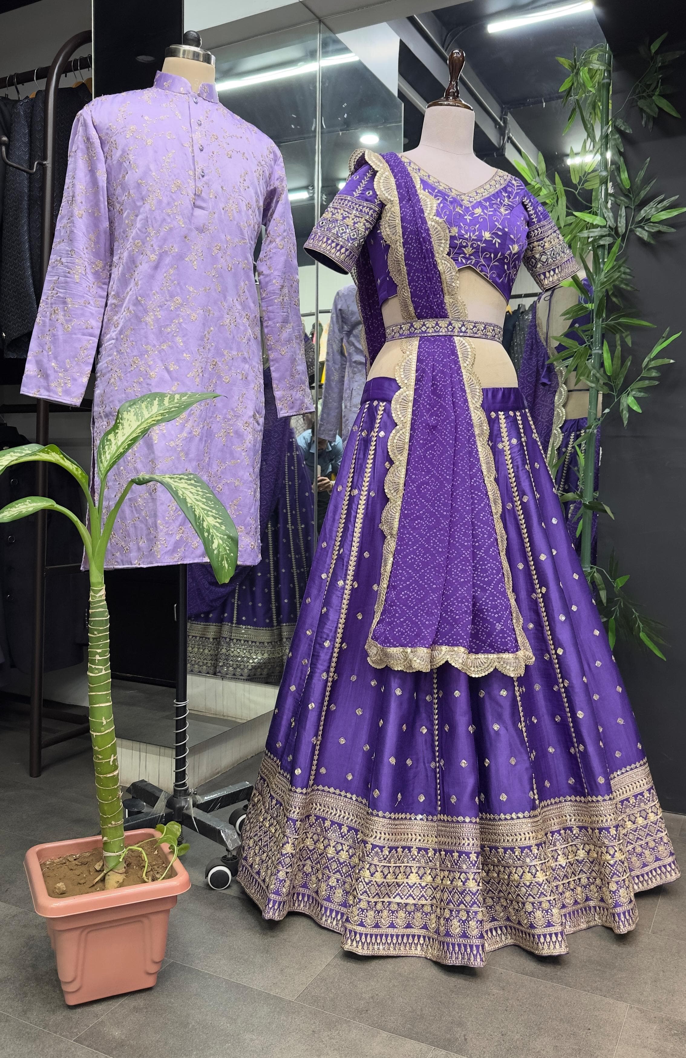 Charming  Embroidery Sequence +Zari  Work Purple Color Couple Combo