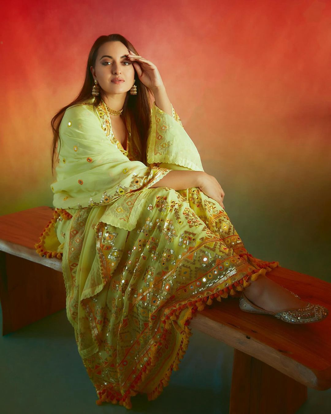 Sonakshi Sinha Bollywood Style Perrot Color Sequence Embroidery Work Sharara Suit