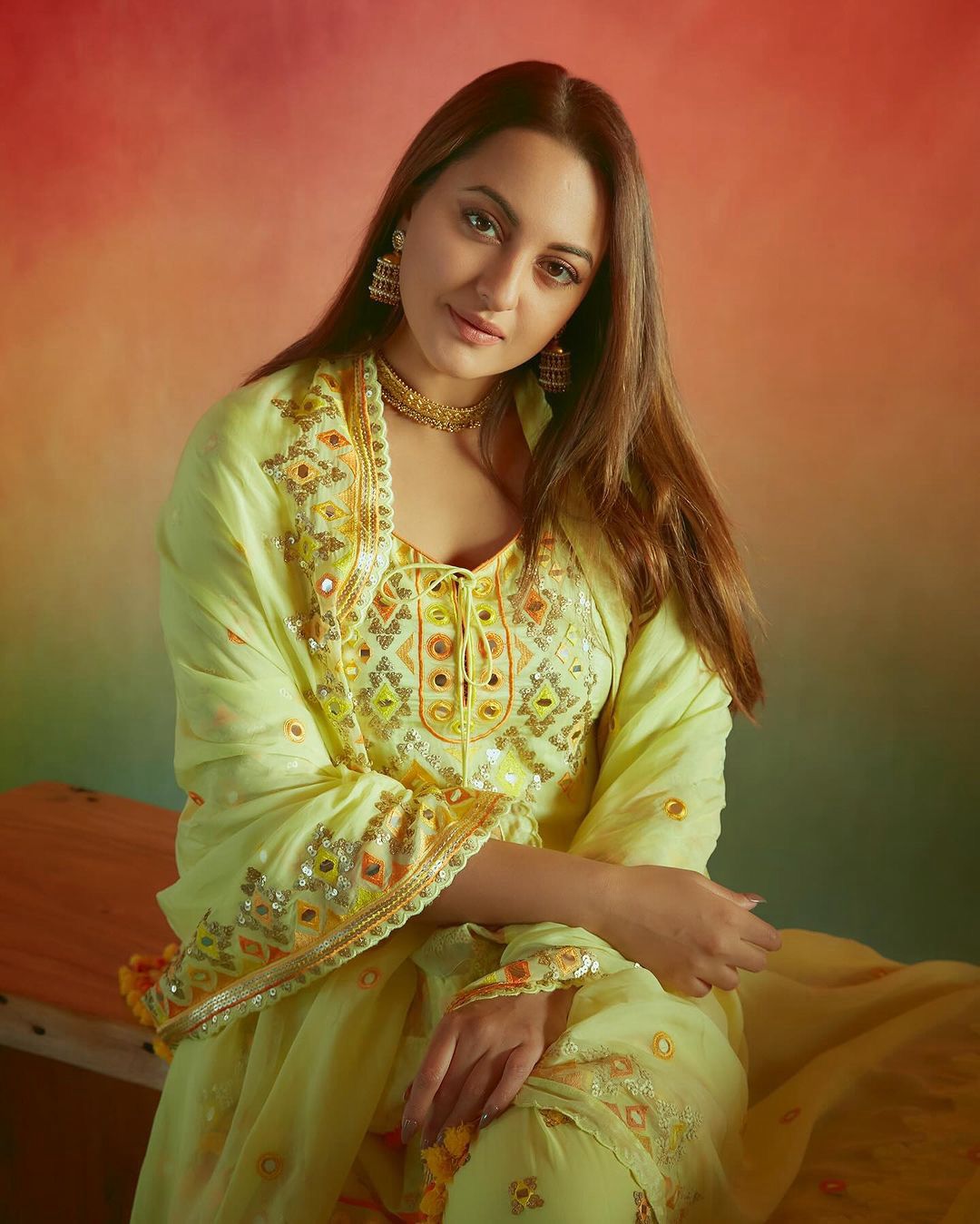 Sonakshi Sinha Bollywood Style Perrot Color Sequence Embroidery Work Sharara Suit
