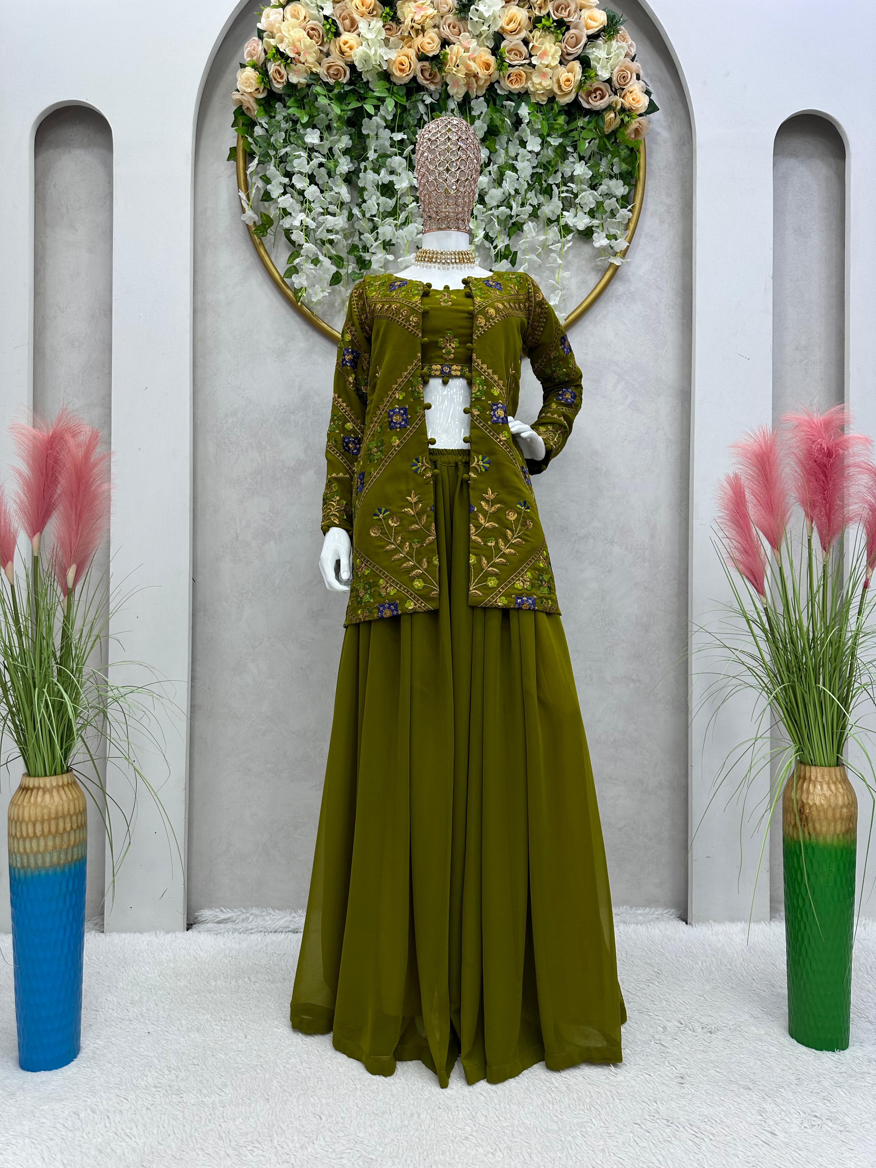 Mehndi Wear Green Color Sequence Work Lehenga Choli