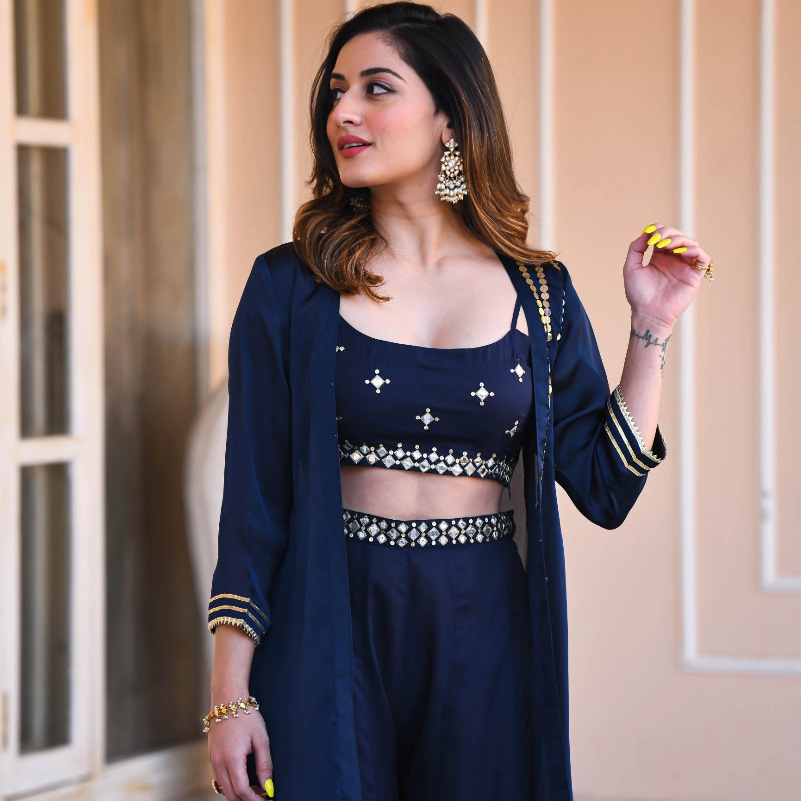 Outstanding  Embroidery Gotha Patti Work Blue Color Top Plazzo With Jacket