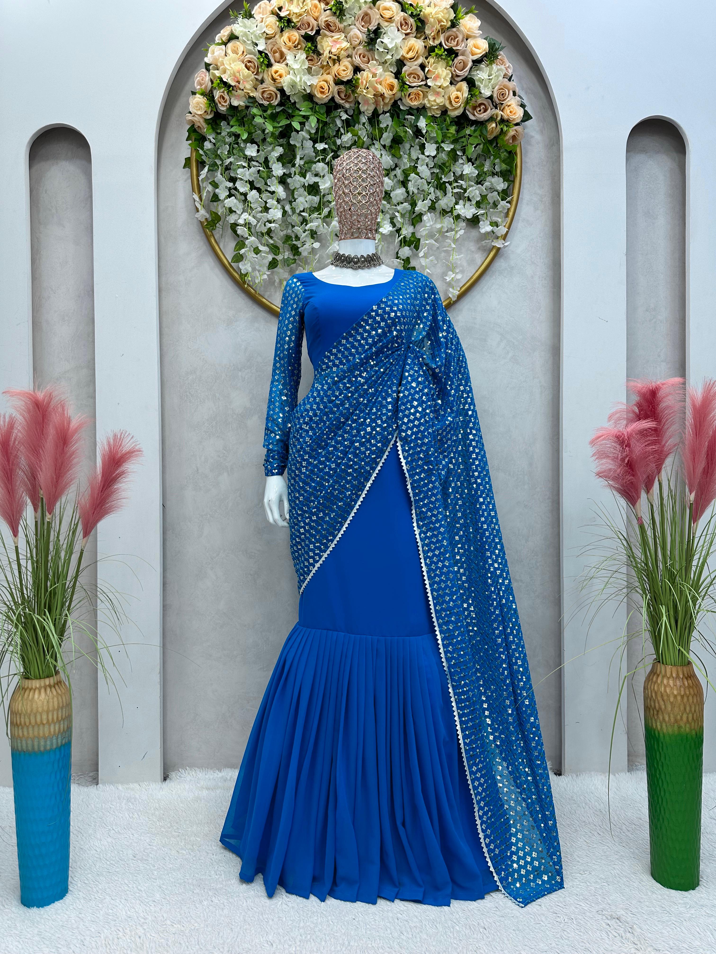 Latest Blue And Magenta Color Lehenga Saree