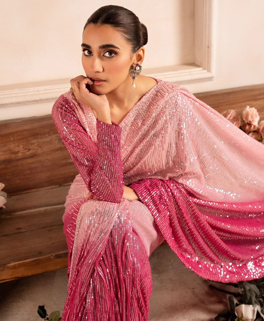 Dark Pink Georgette Sequin Saree – Tirumala Designers