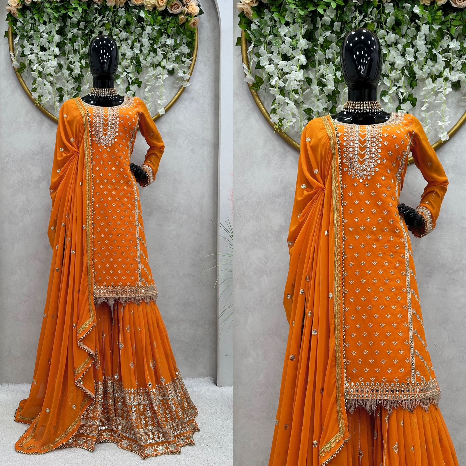 Captivating Thread With Sequence Orange Color Sharara Suit