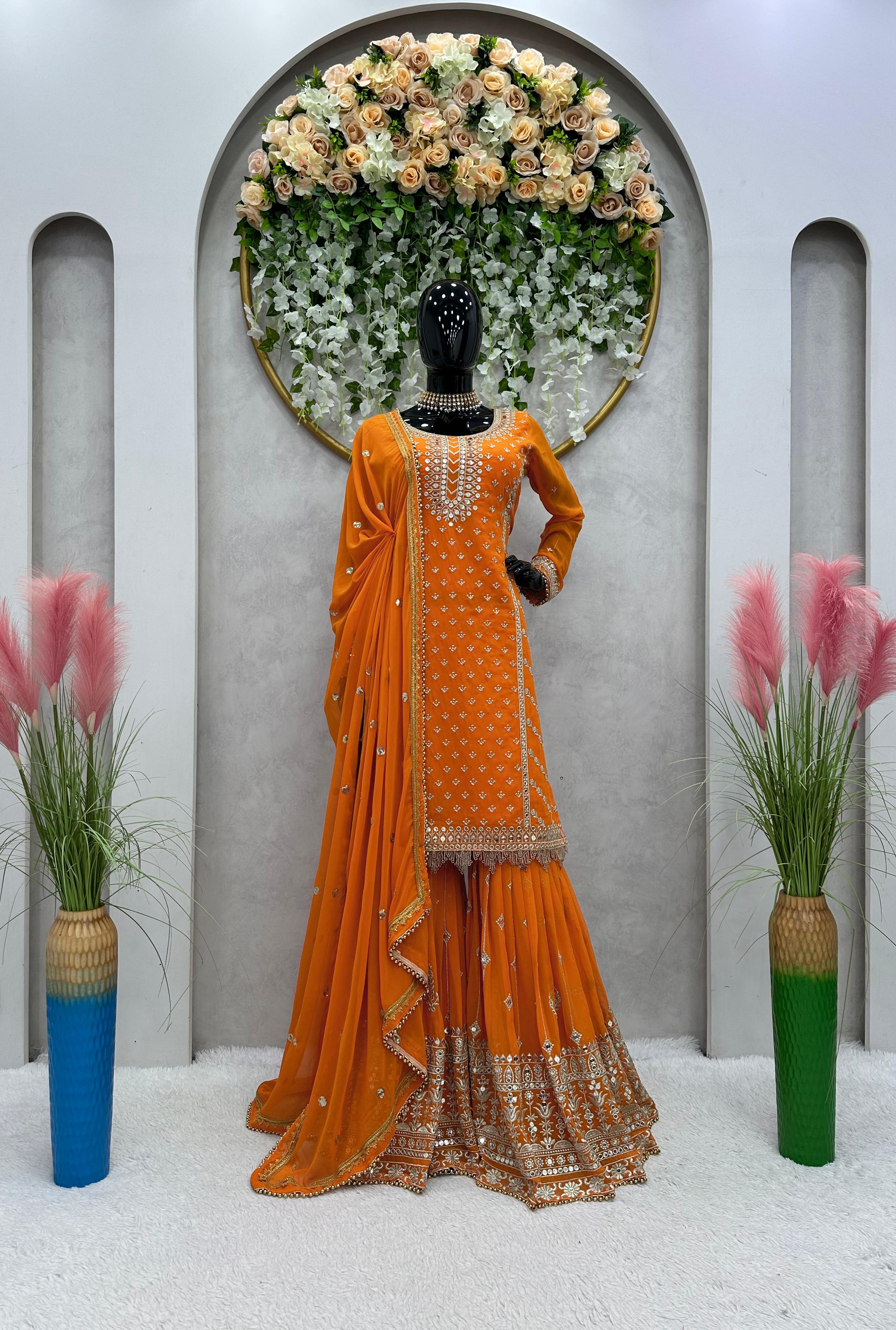 Captivating Thread With Sequence Orange Color Sharara Suit