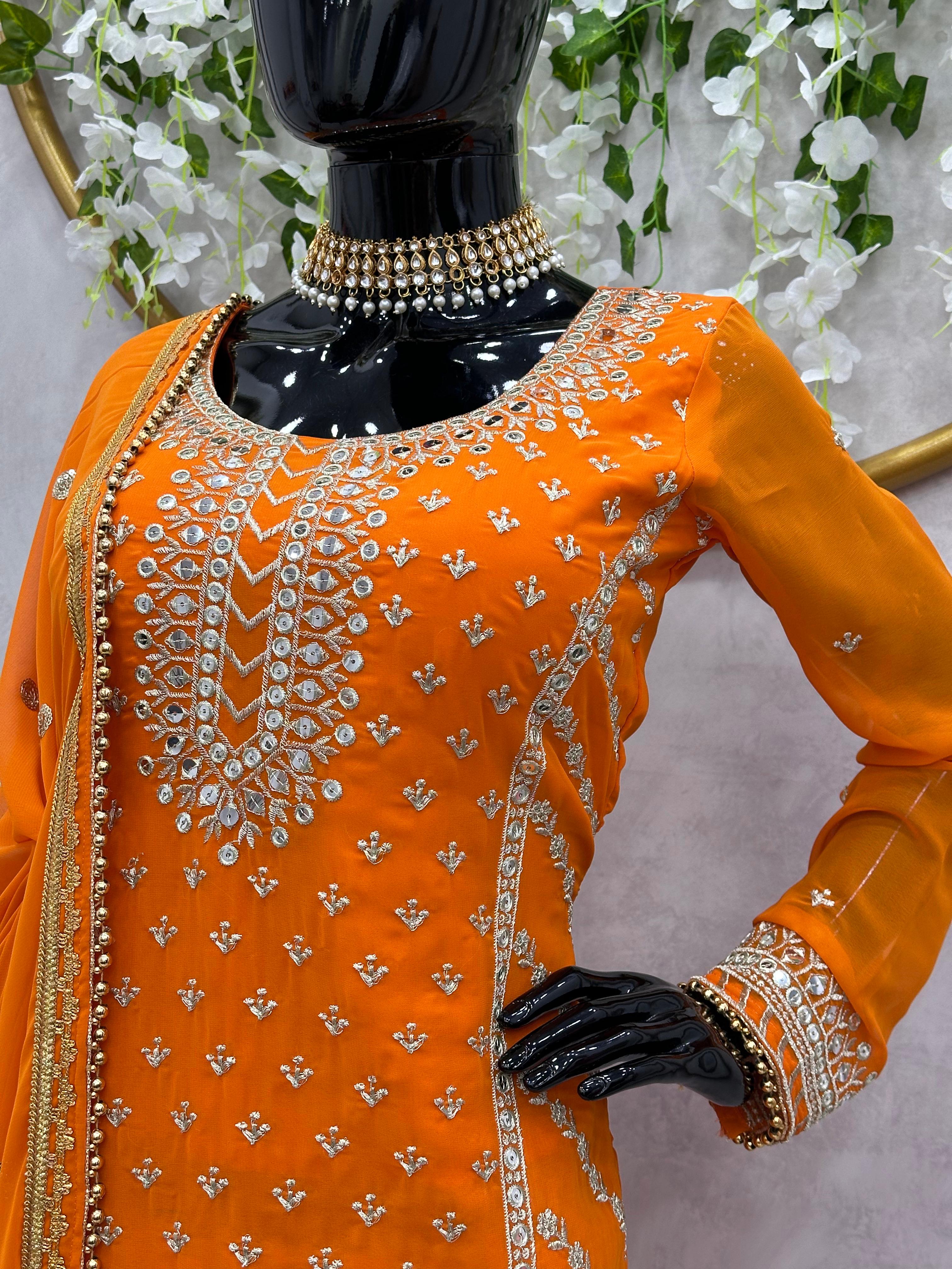 Captivating Thread With Sequence Orange Color Sharara Suit