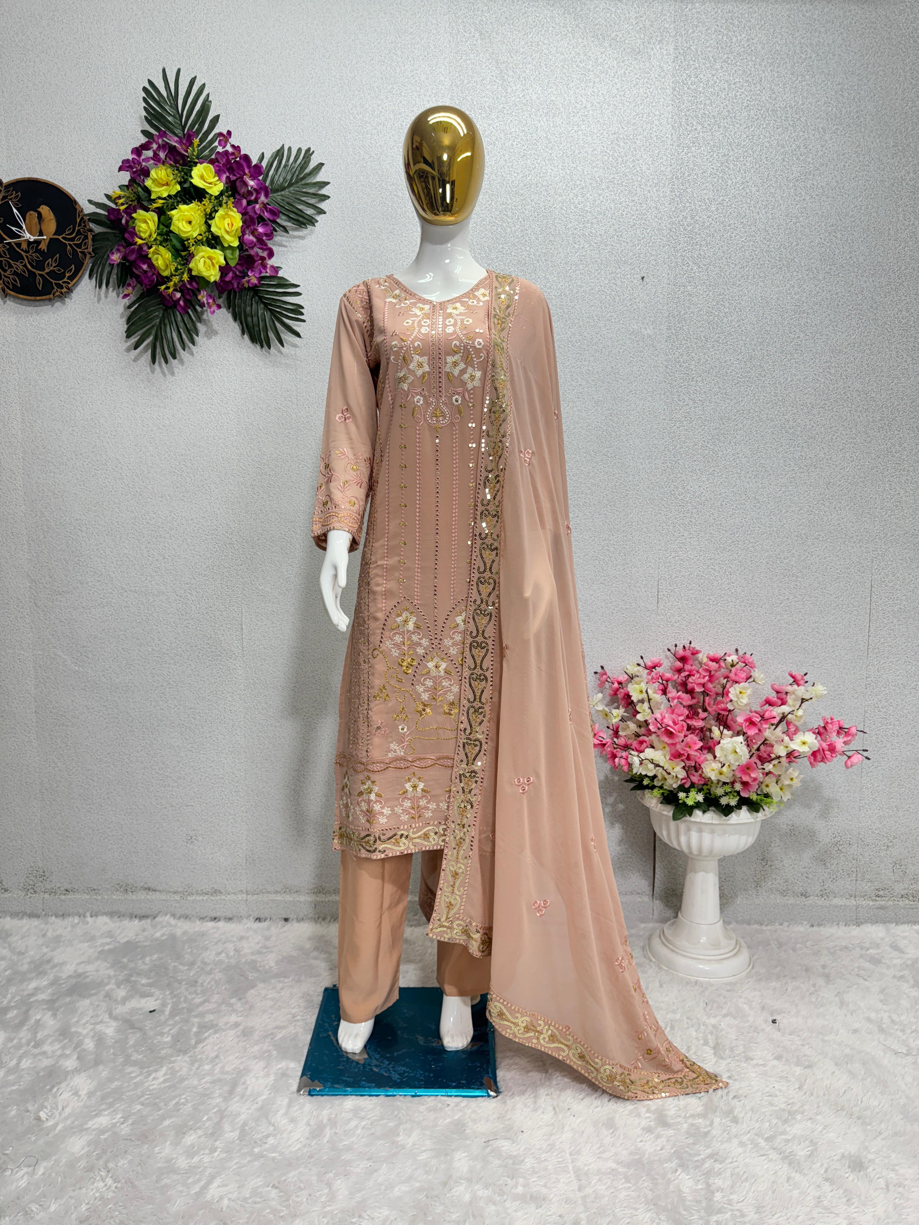 Embellished Embroidered Sequence Work Peach Color Anarkali Suit