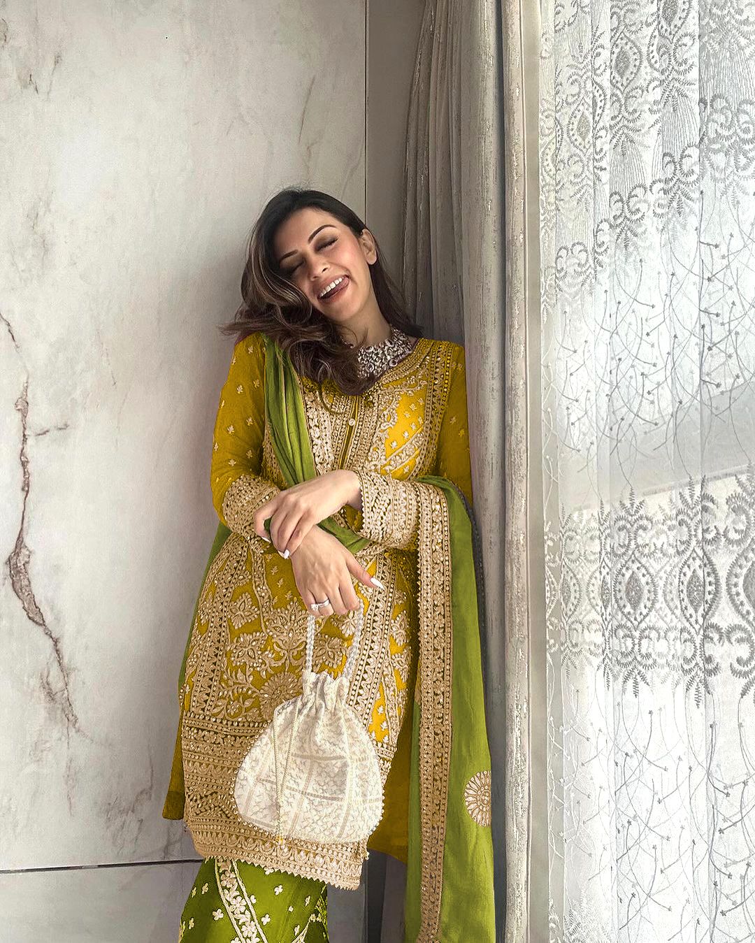 Marvelous  Embroidery Sequence Work Yellow Color Sharara Suit