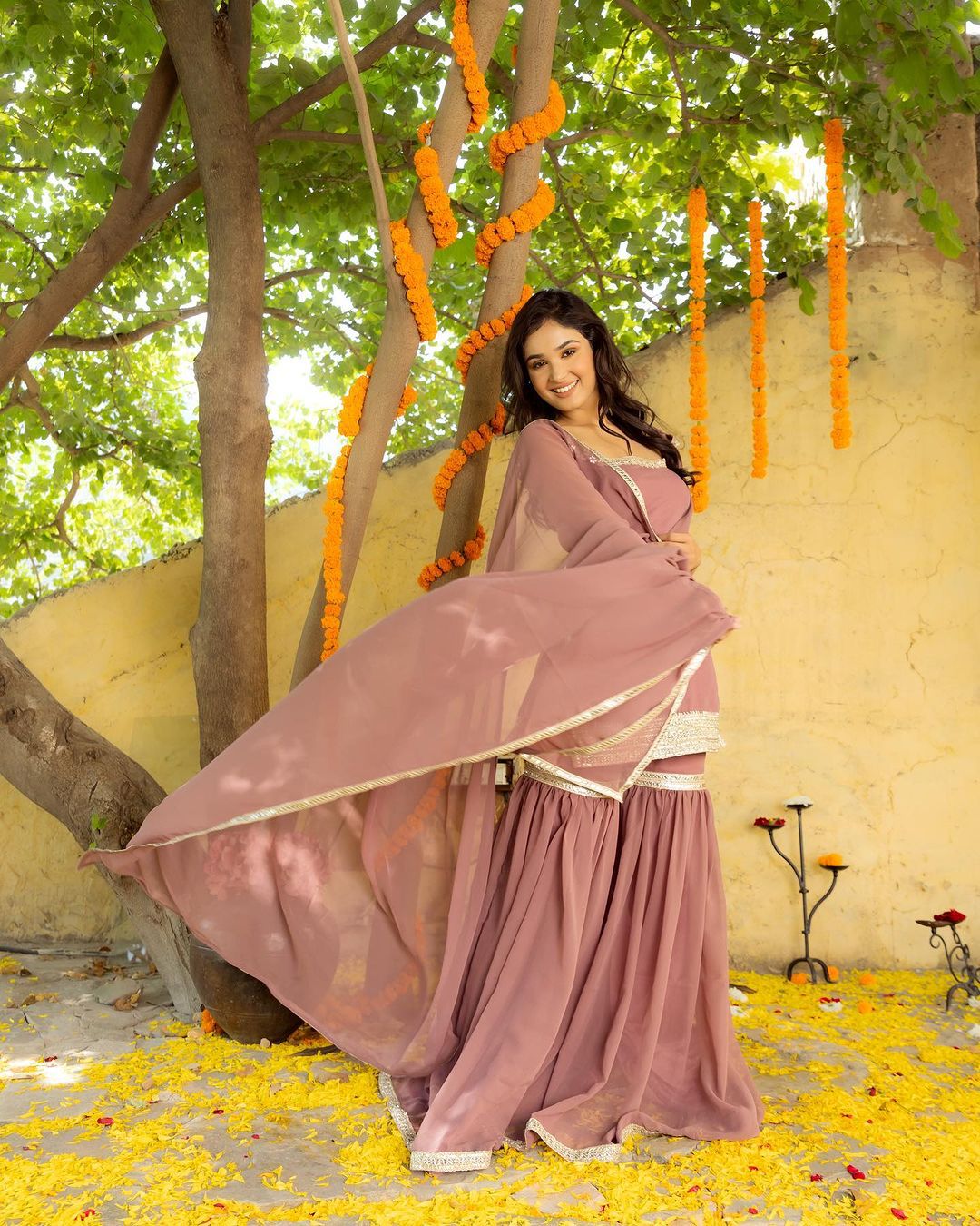 Presenting  Less Work Peach Color Sharara Suit