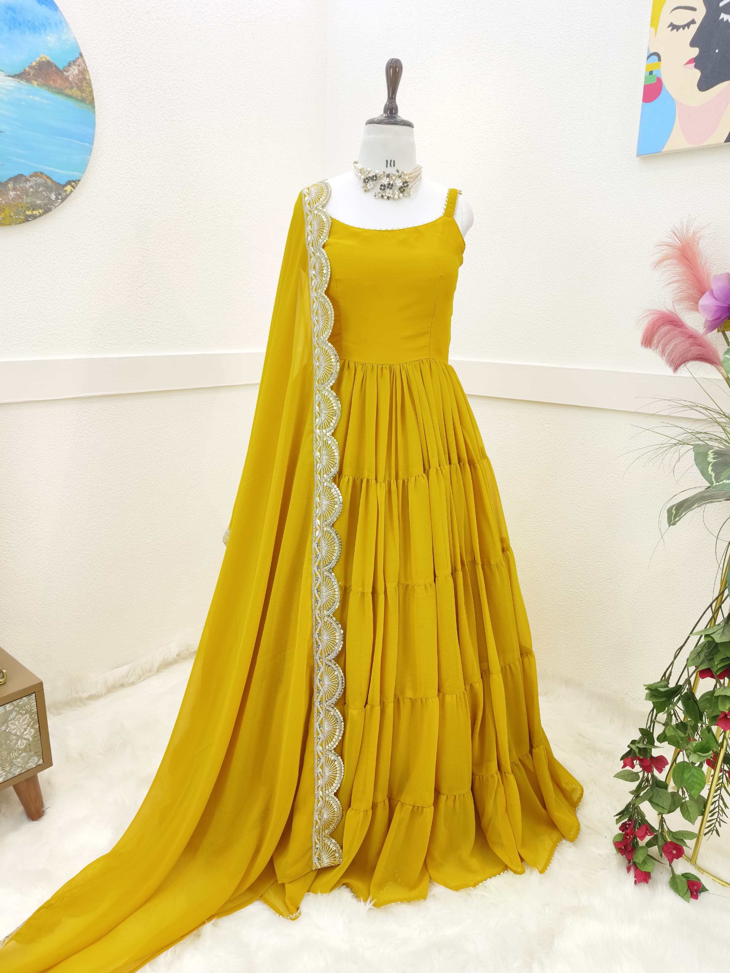 Fashionable Ruffle Style Plain Yellow Color Long Gown