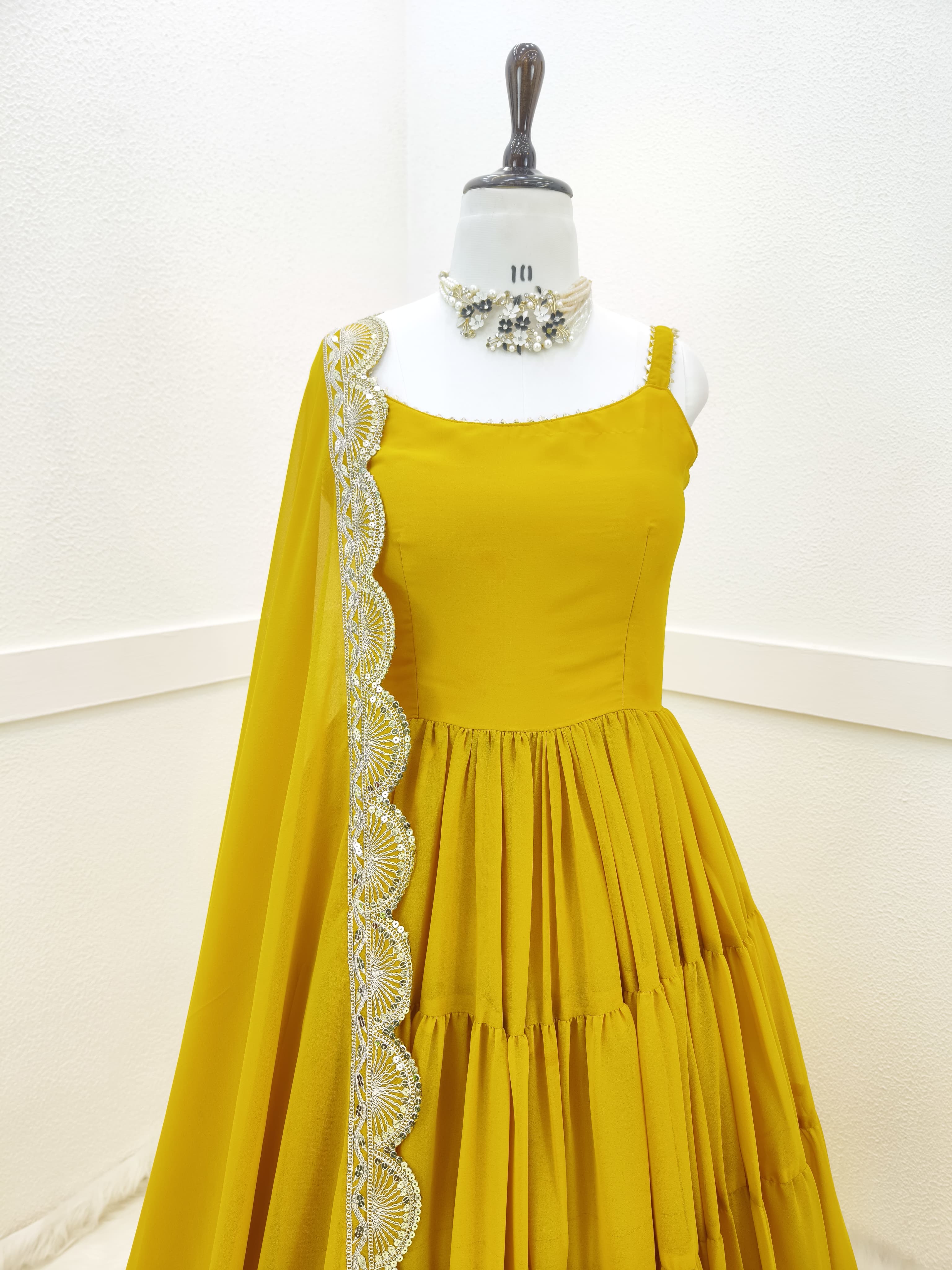 Fashionable Ruffle Style Plain Yellow Color Long Gown