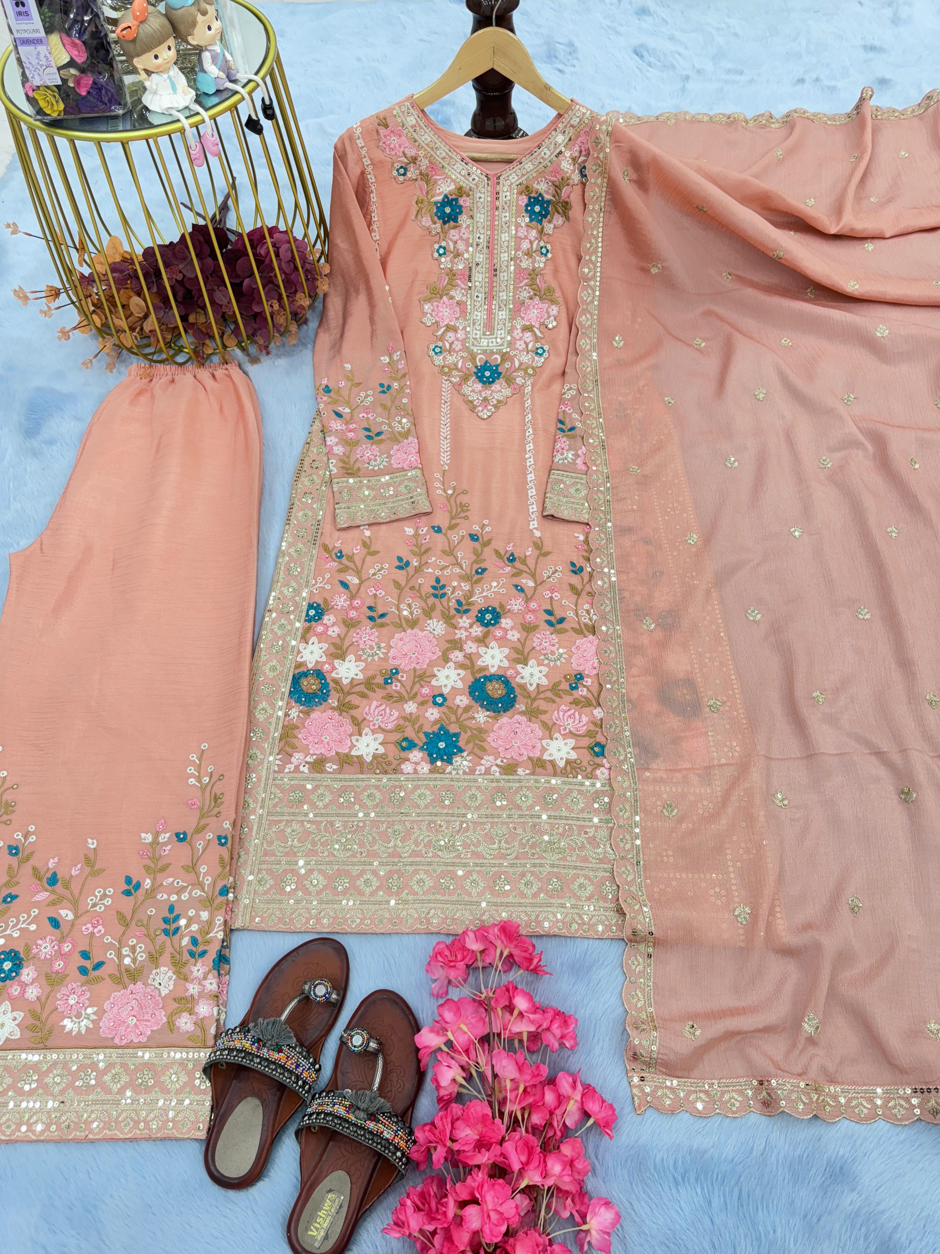 Glimmering Embroidery Sequence Work Peach Color Anarkali Suit