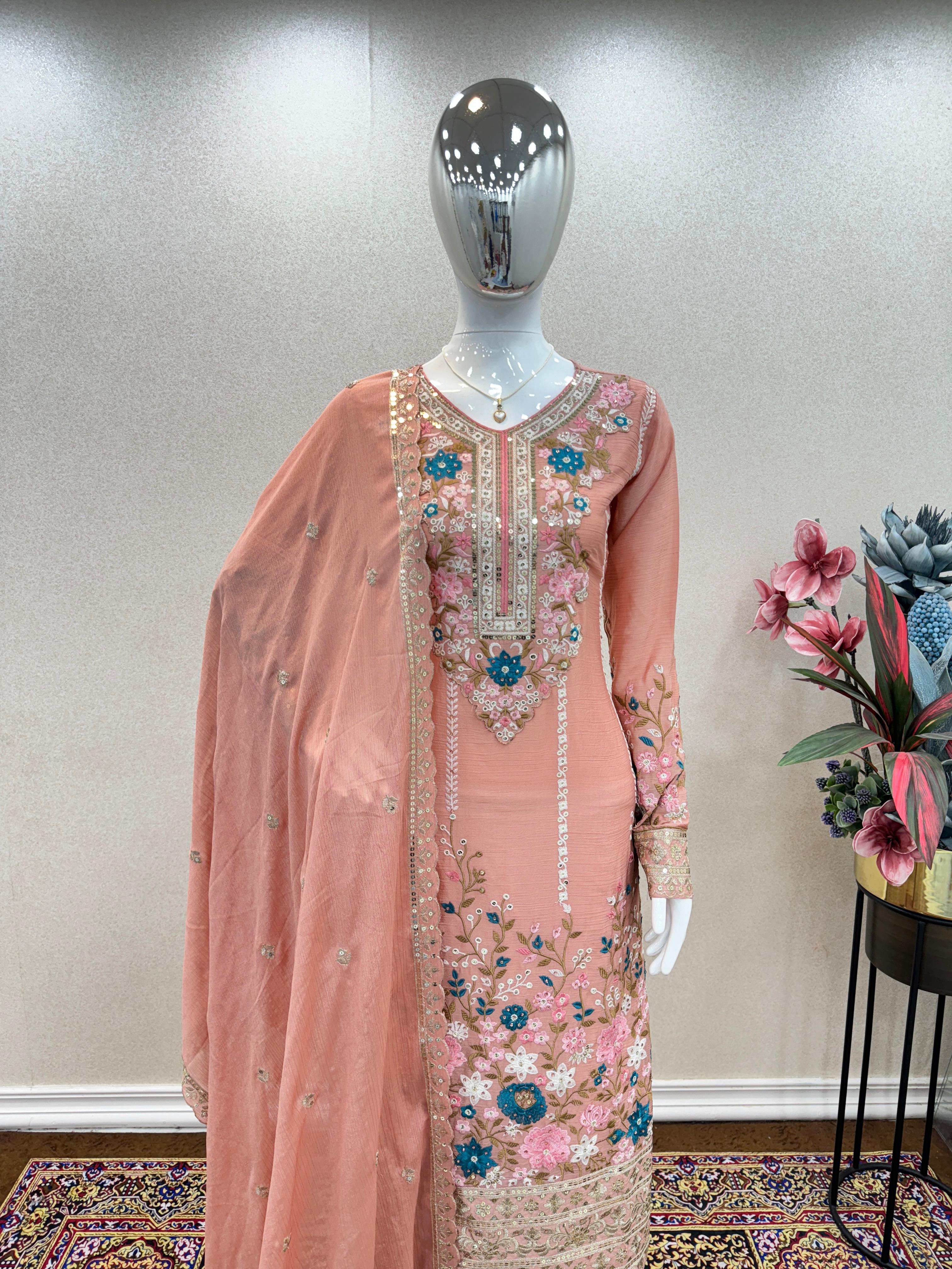 Glimmering Embroidery Sequence Work Peach Color Anarkali Suit