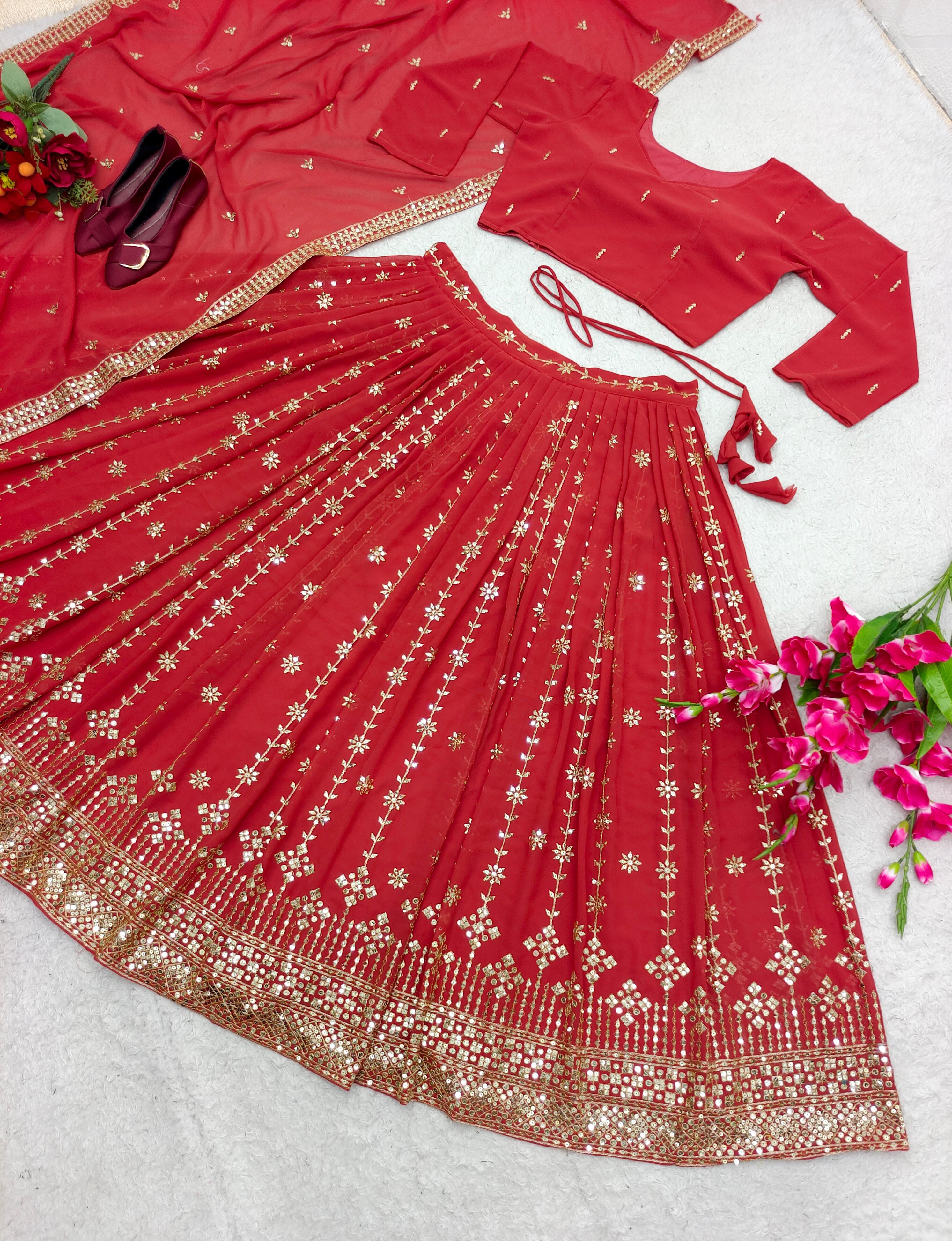 Wedding Wear Sequences Embroidery Work Red Color Lehenga Choli