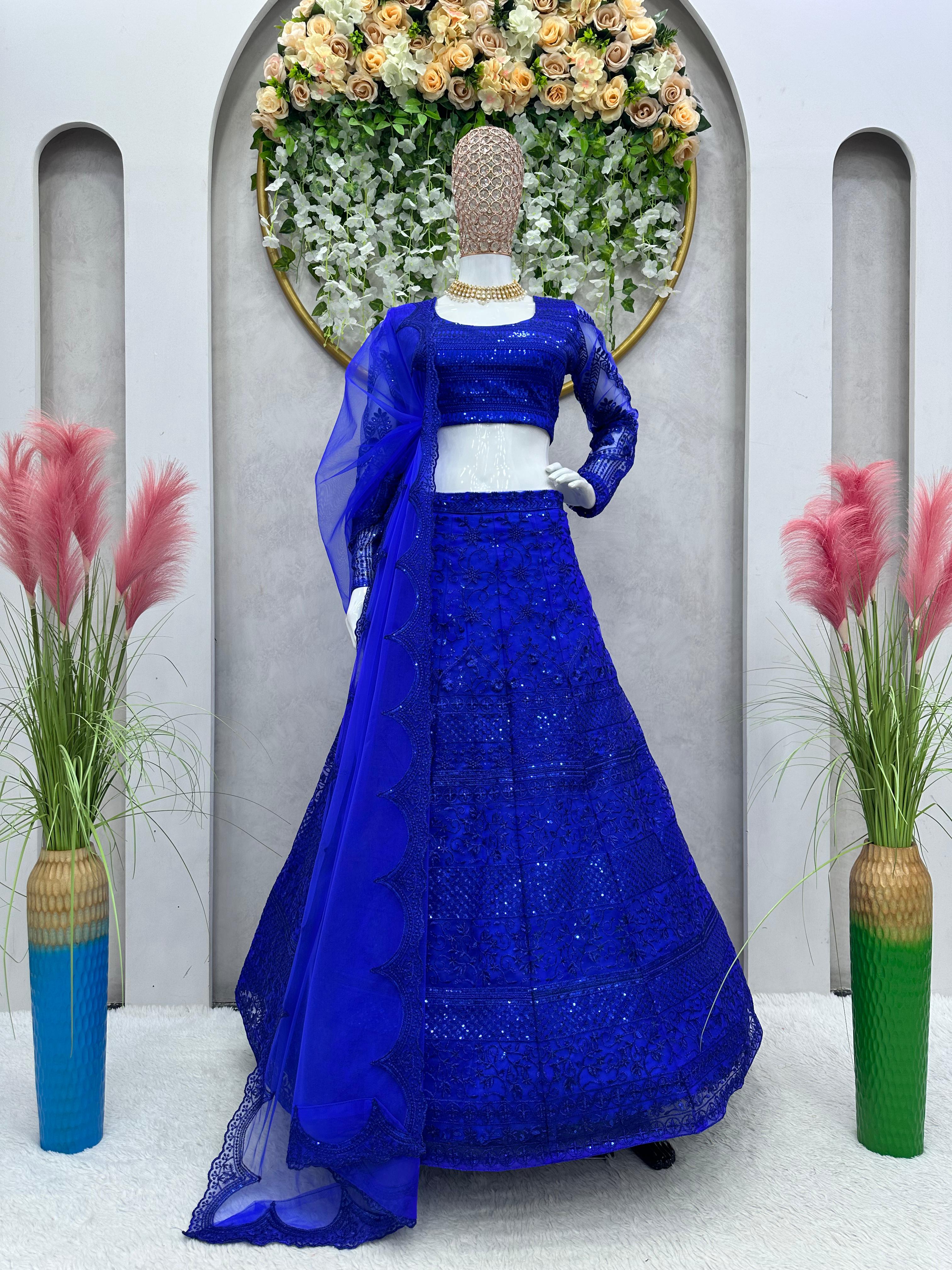 Wedding Wear Zari With Sequence Work Blue Color Lehenga Choli