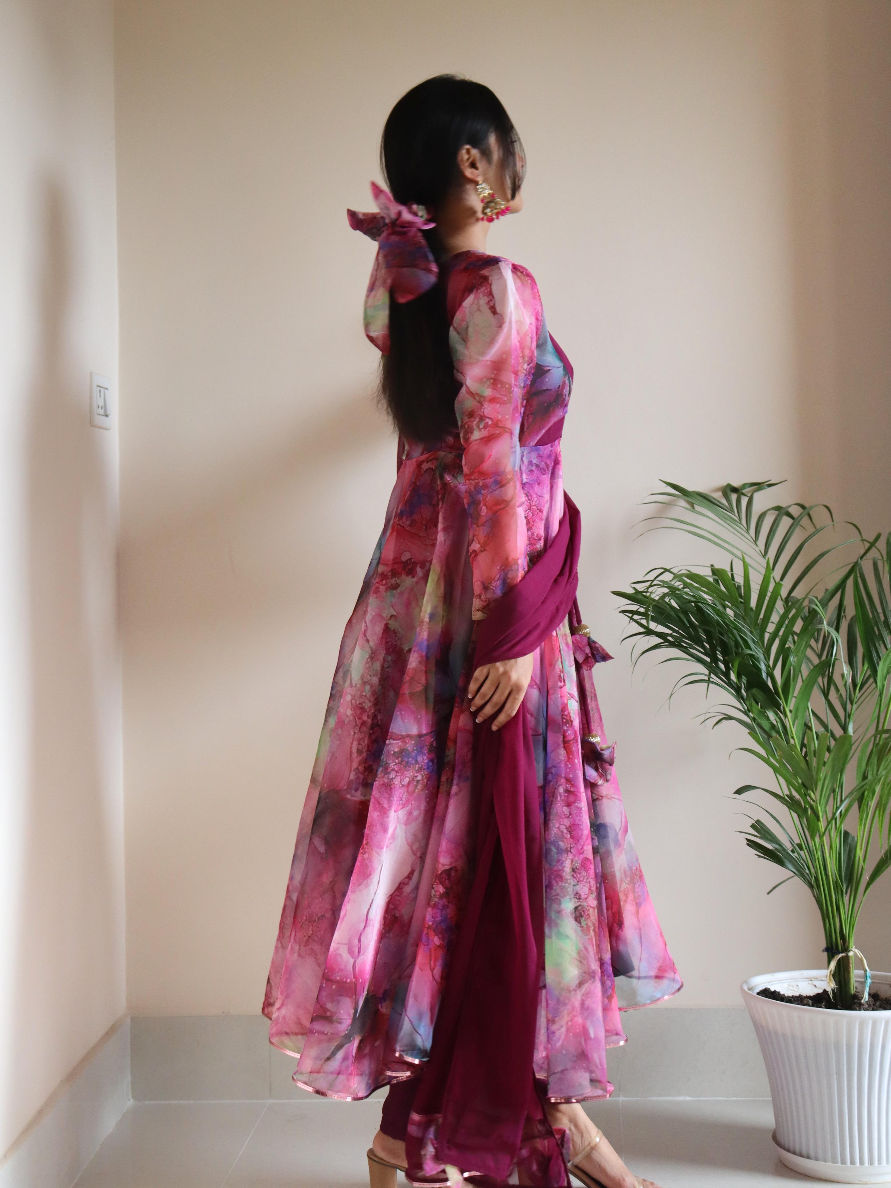 Fabulous  Digital Printed Organza Silk Pink Color Gown