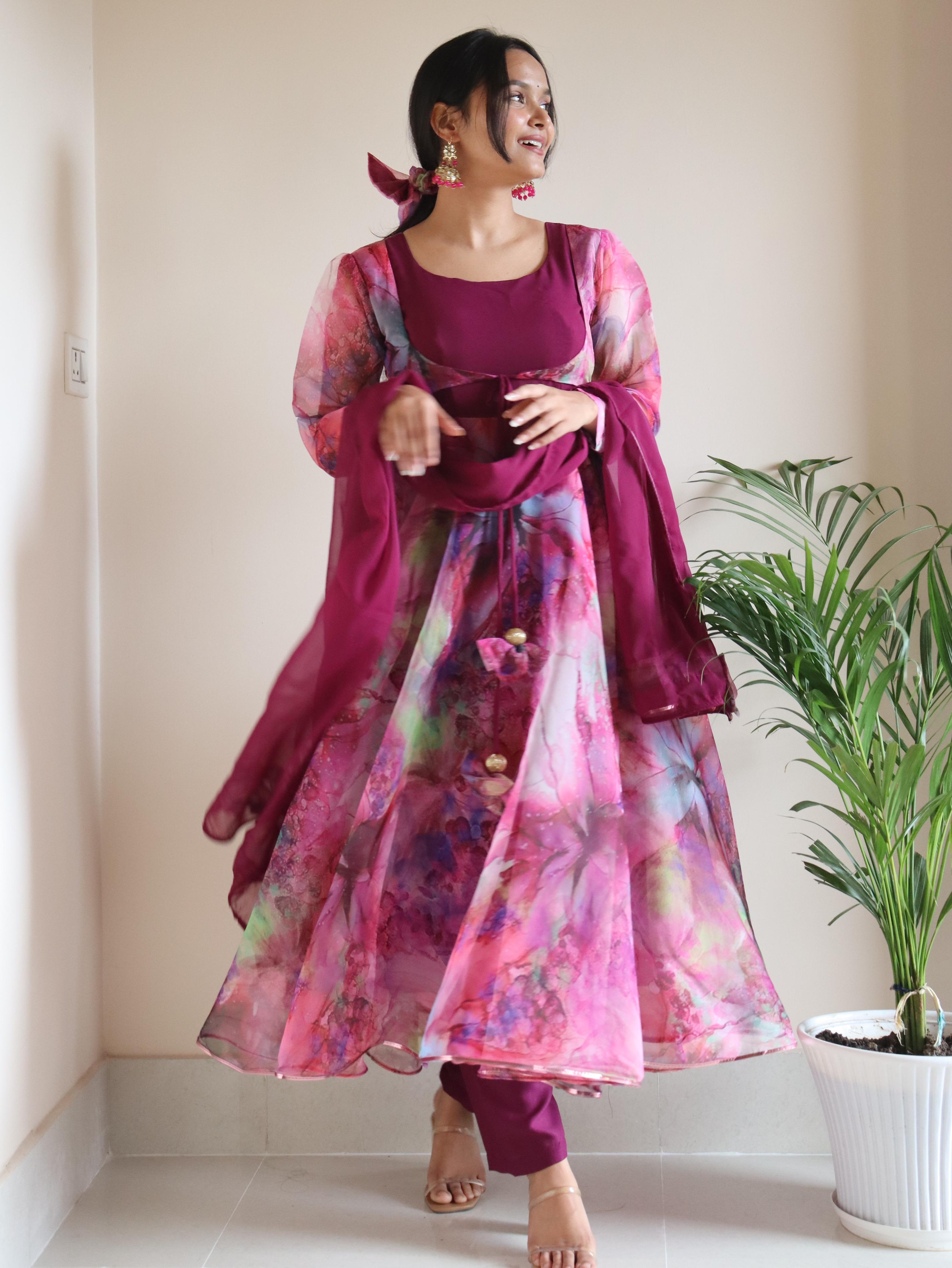 Fabulous  Digital Printed Organza Silk Pink Color Gown